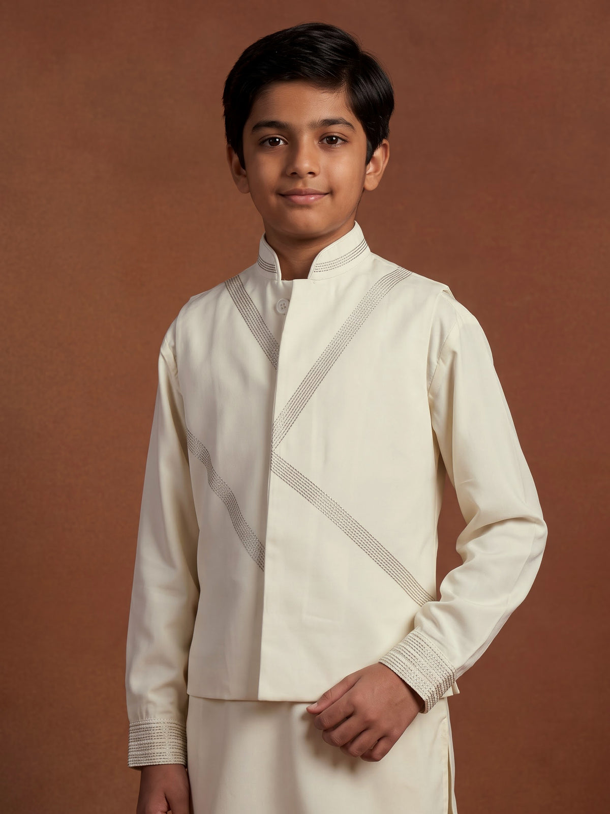 Cream silk blend boys waistcoat set with metallic geometric embroidery