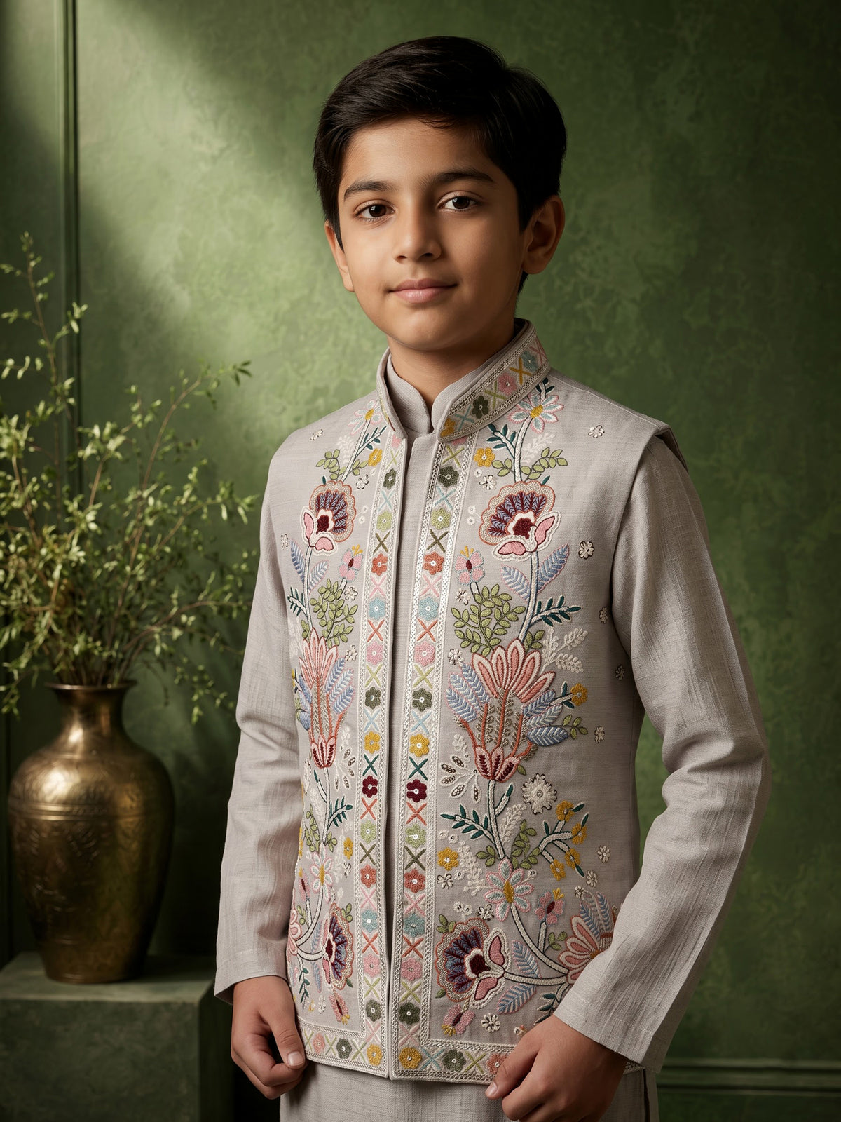 Silver-grey silk blend boys waistcoat set with floral sequin detailing