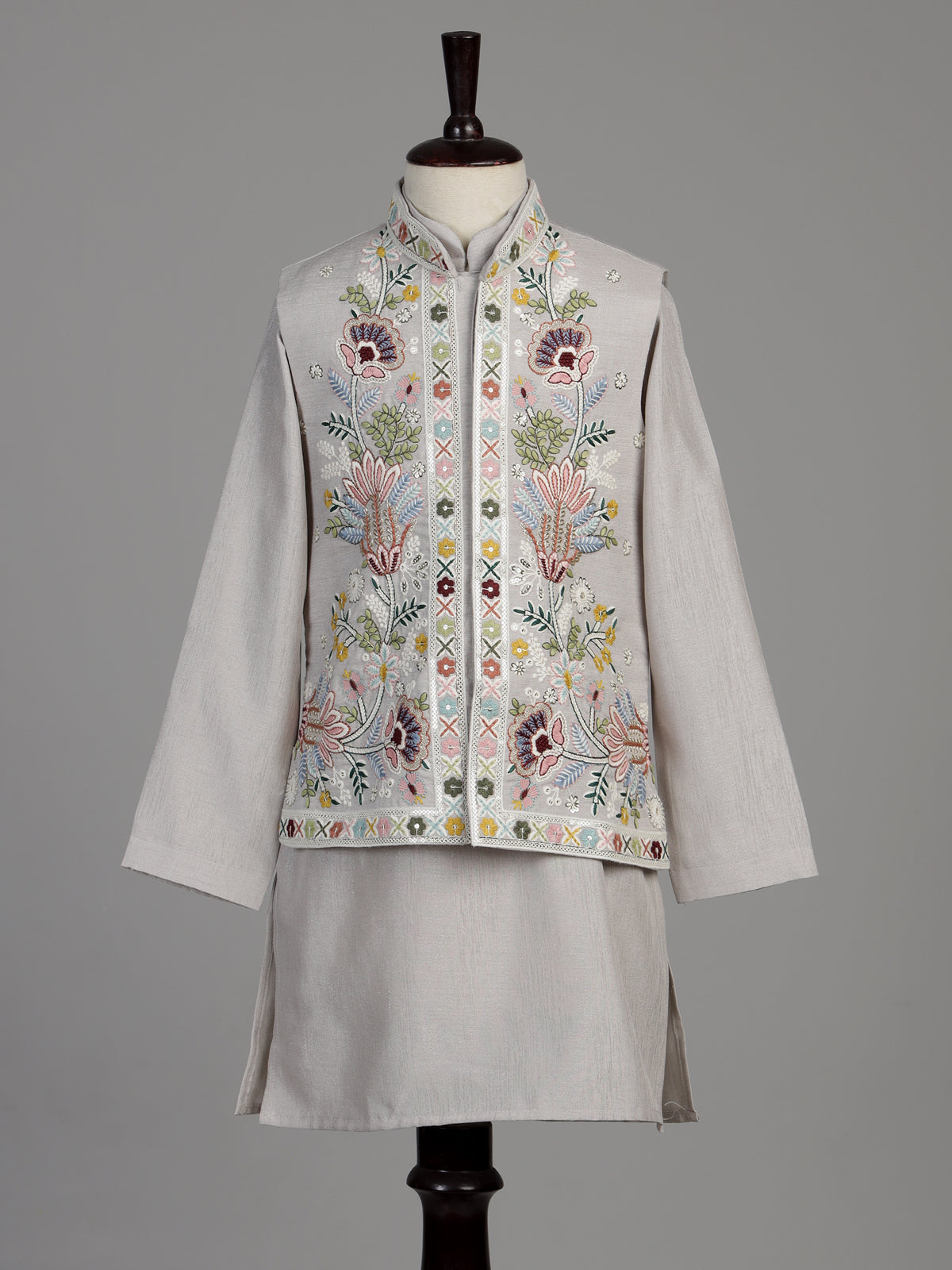 Silver-grey silk blend boys waistcoat set with floral sequin detailing