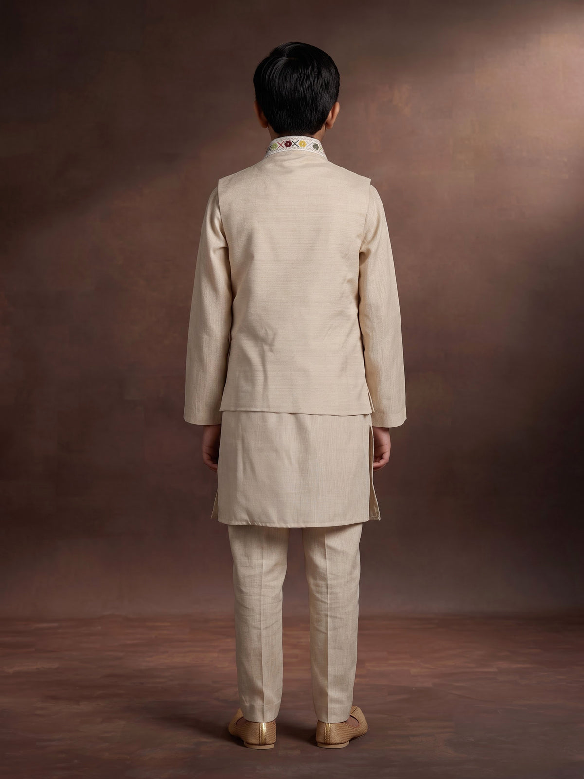 Natural beige silk blend boys waistcoat set with multicolour embroidery