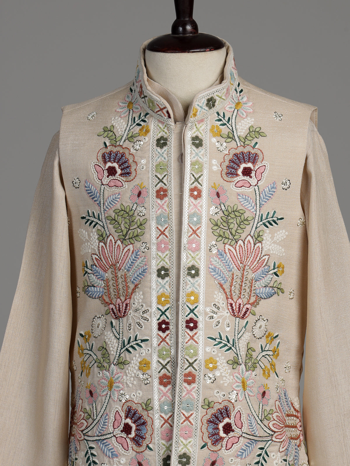 Natural beige silk blend boys waistcoat set with multicolour embroidery