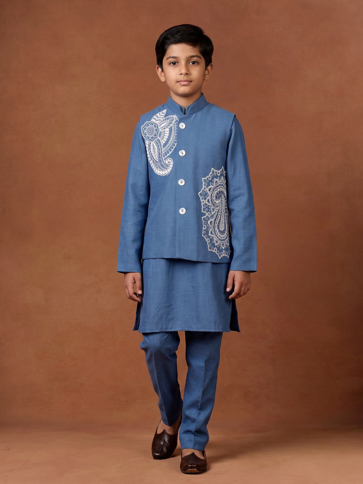 Cadet blue linen silk boys waistcoat set with ivory floral embroidery