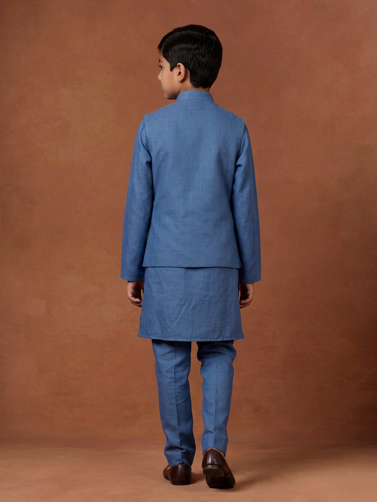 Cadet blue linen silk boys waistcoat set with ivory floral embroidery