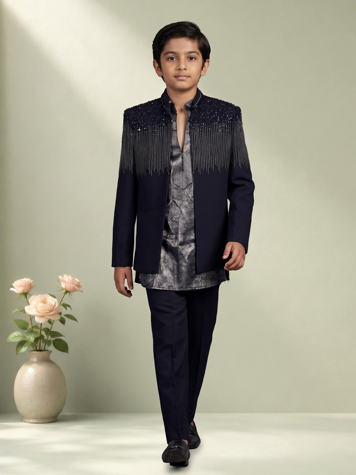 Dark navy blue terry rayon boys Indo-Western suit with black sequin detailing