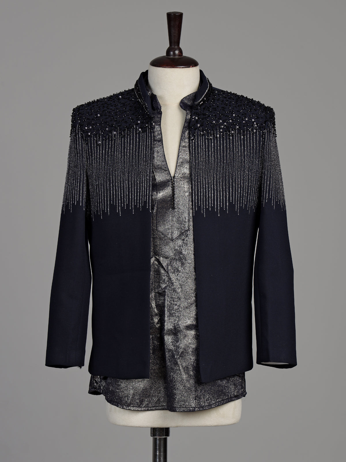 Dark navy blue terry rayon boys Indo-Western suit with black sequin detailing