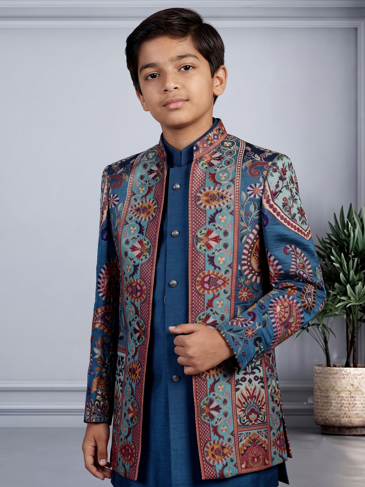 Blue brocade silk boys Indo-Western suit with persian medallion borders