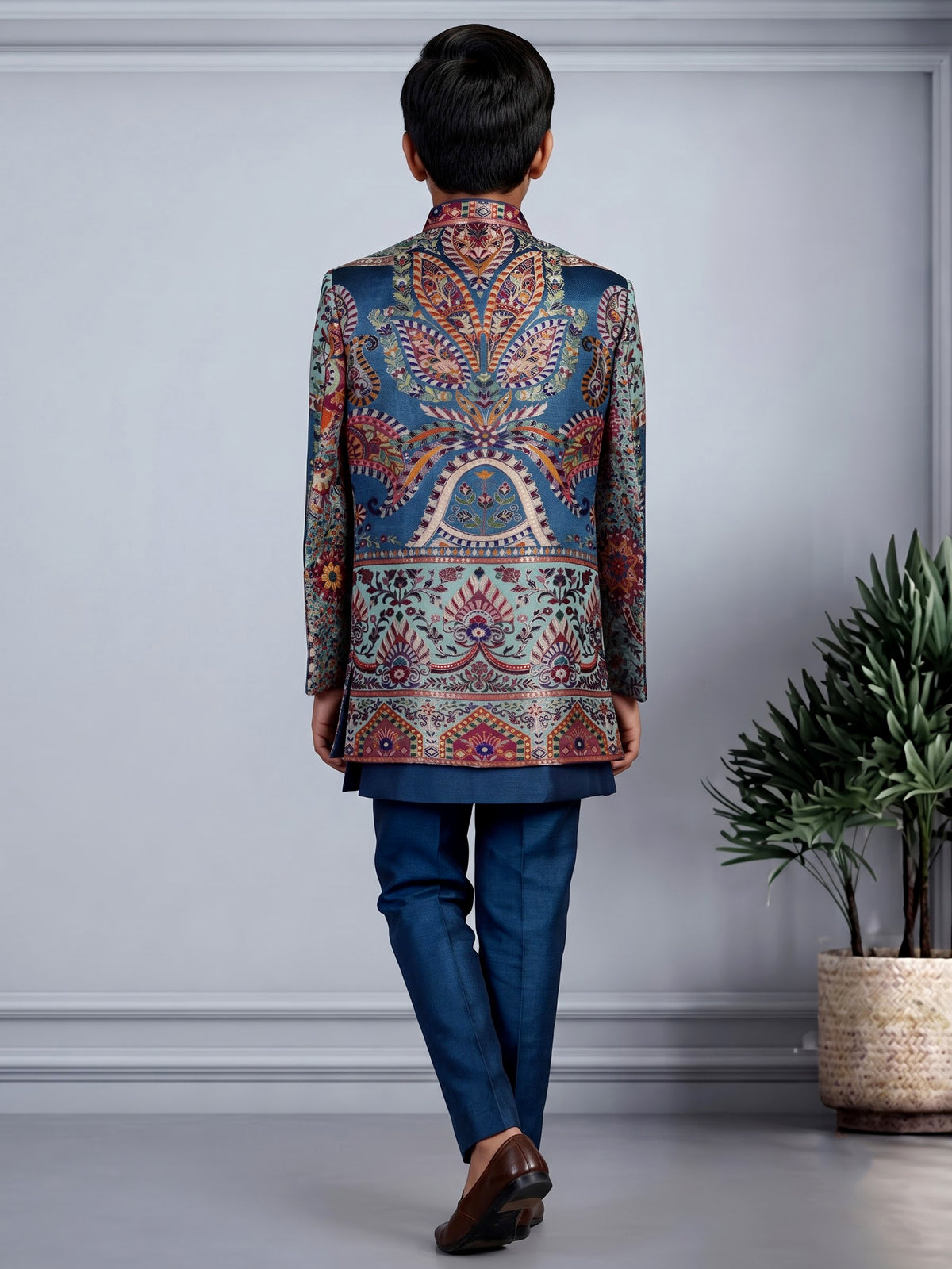 Blue brocade silk boys Indo-Western suit with persian medallion borders