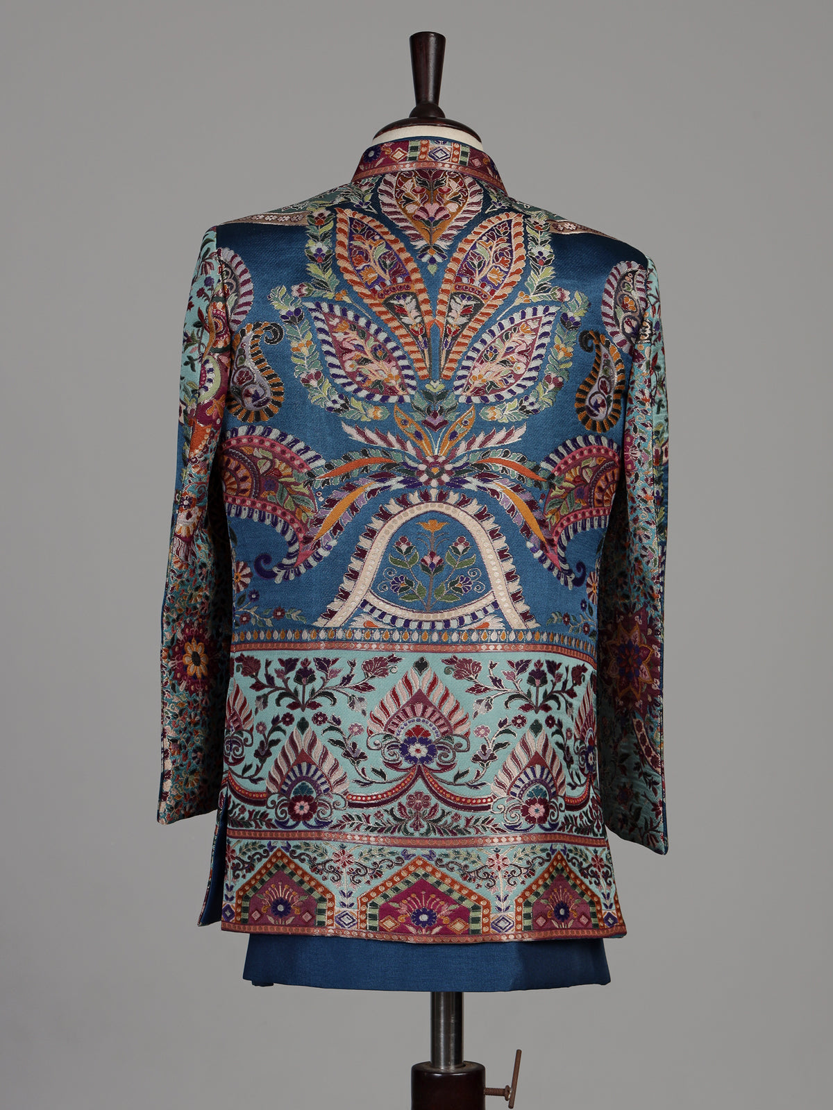 Blue brocade silk boys Indo-Western suit with persian medallion borders