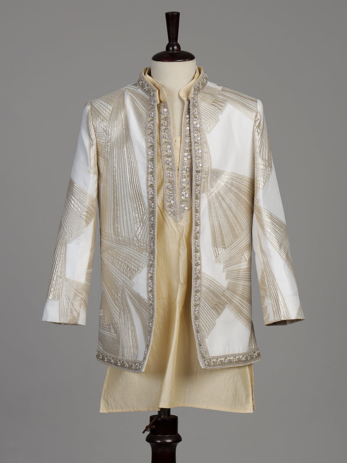 White and cream silk blend boys Indo-Western suit