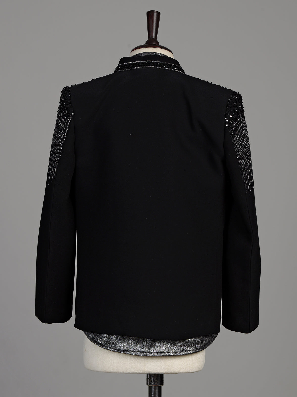 Black terry rayon boys Indo-Western suit with cascading cutdana embellishments