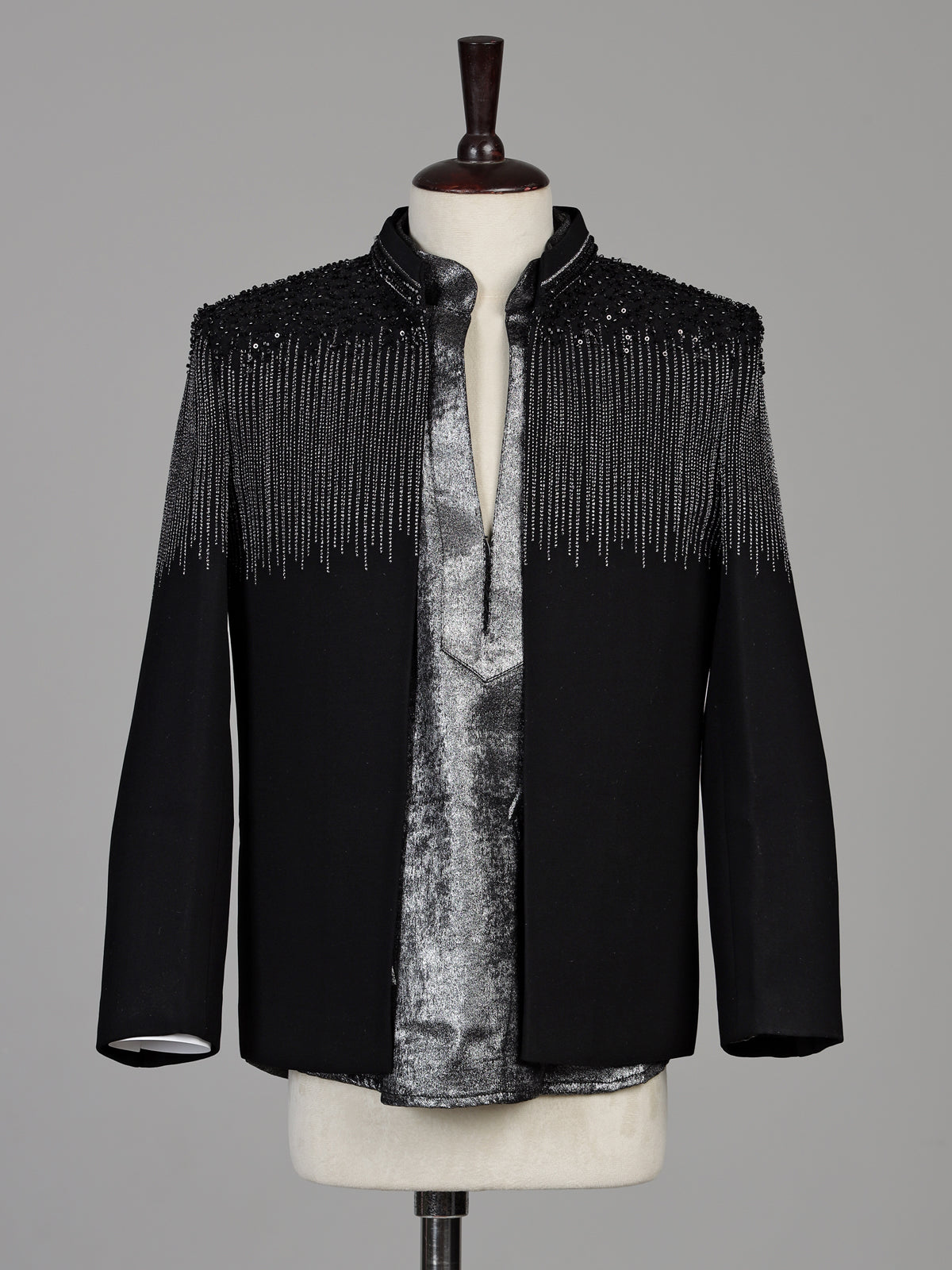 Black terry rayon boys Indo-Western suit with cascading cutdana embellishments