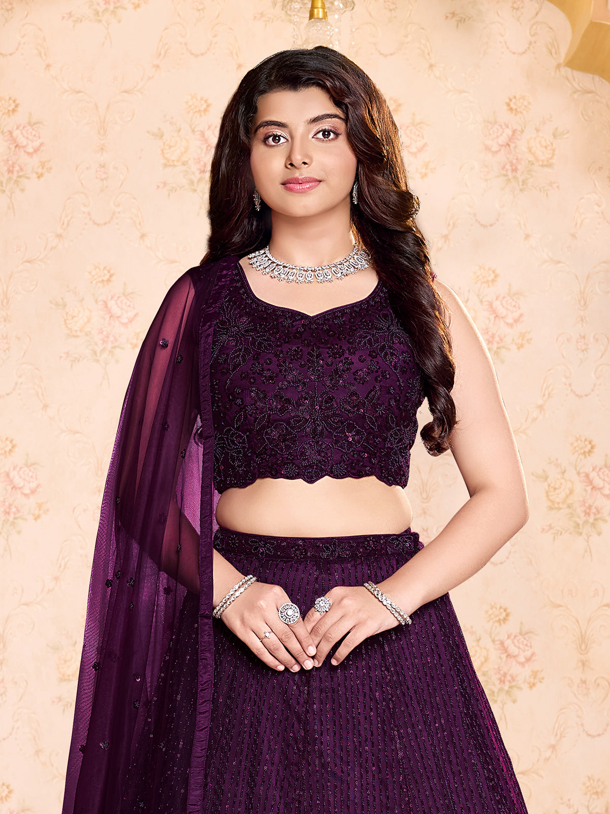 Wine baroque glamour girl lehenga choli with dupatta