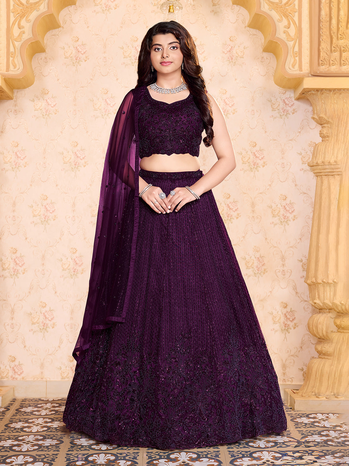 Wine baroque glamour girl lehenga choli with dupatta