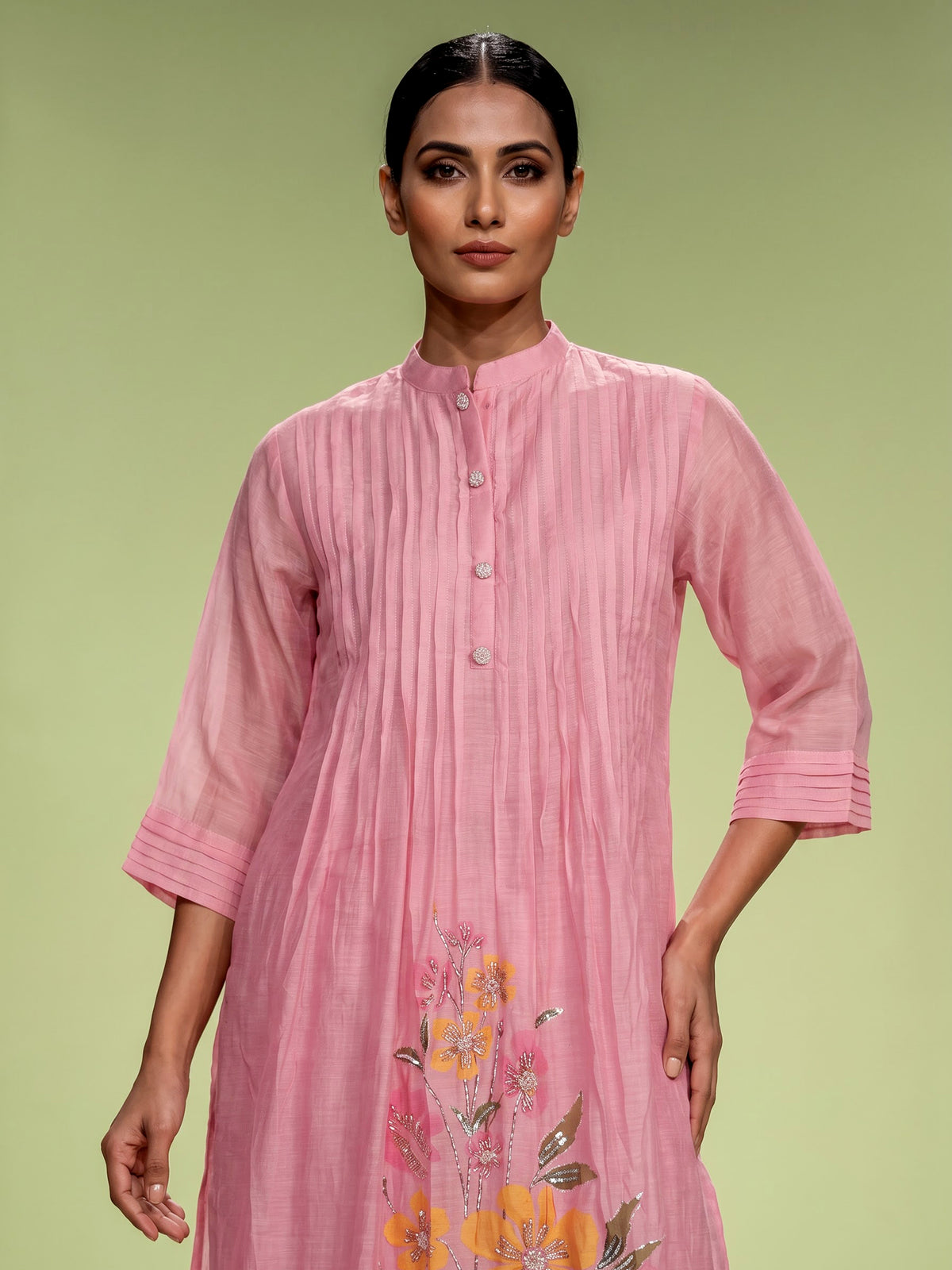 Pink botanical spray women kurti set