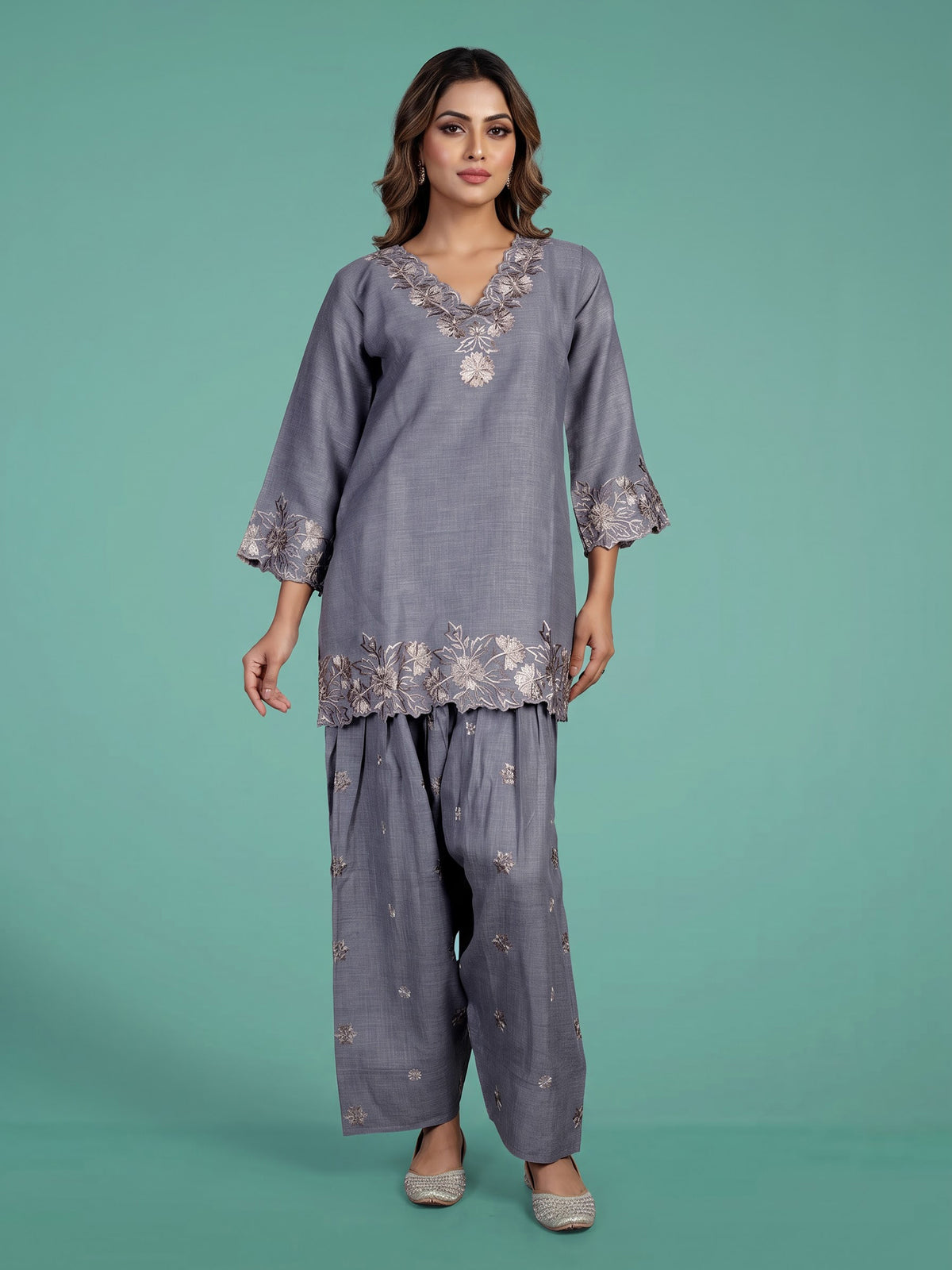 Grey anemone border women kurti set