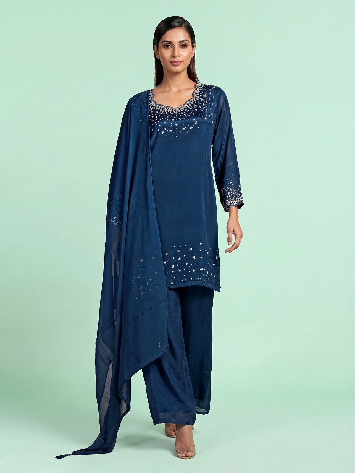 Teal blue scallop yoke women kurti set