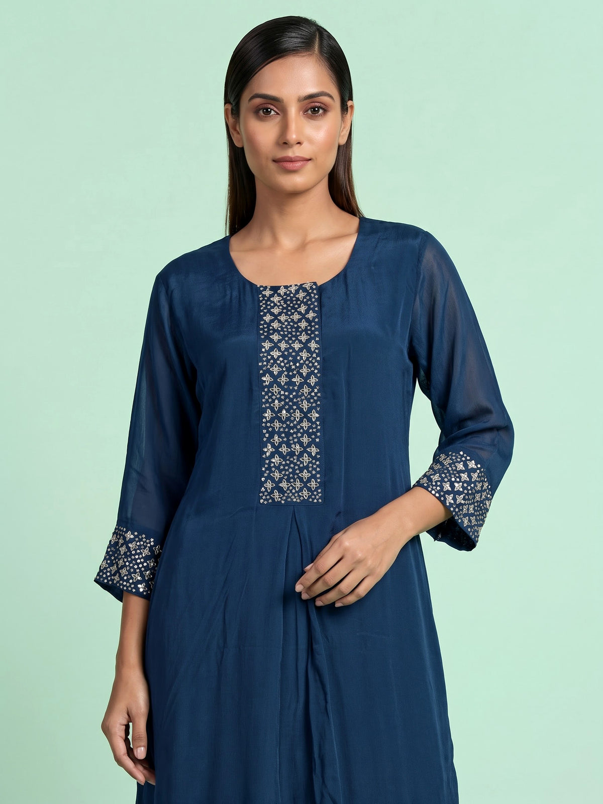 Teal blue mirror grid women kurti set