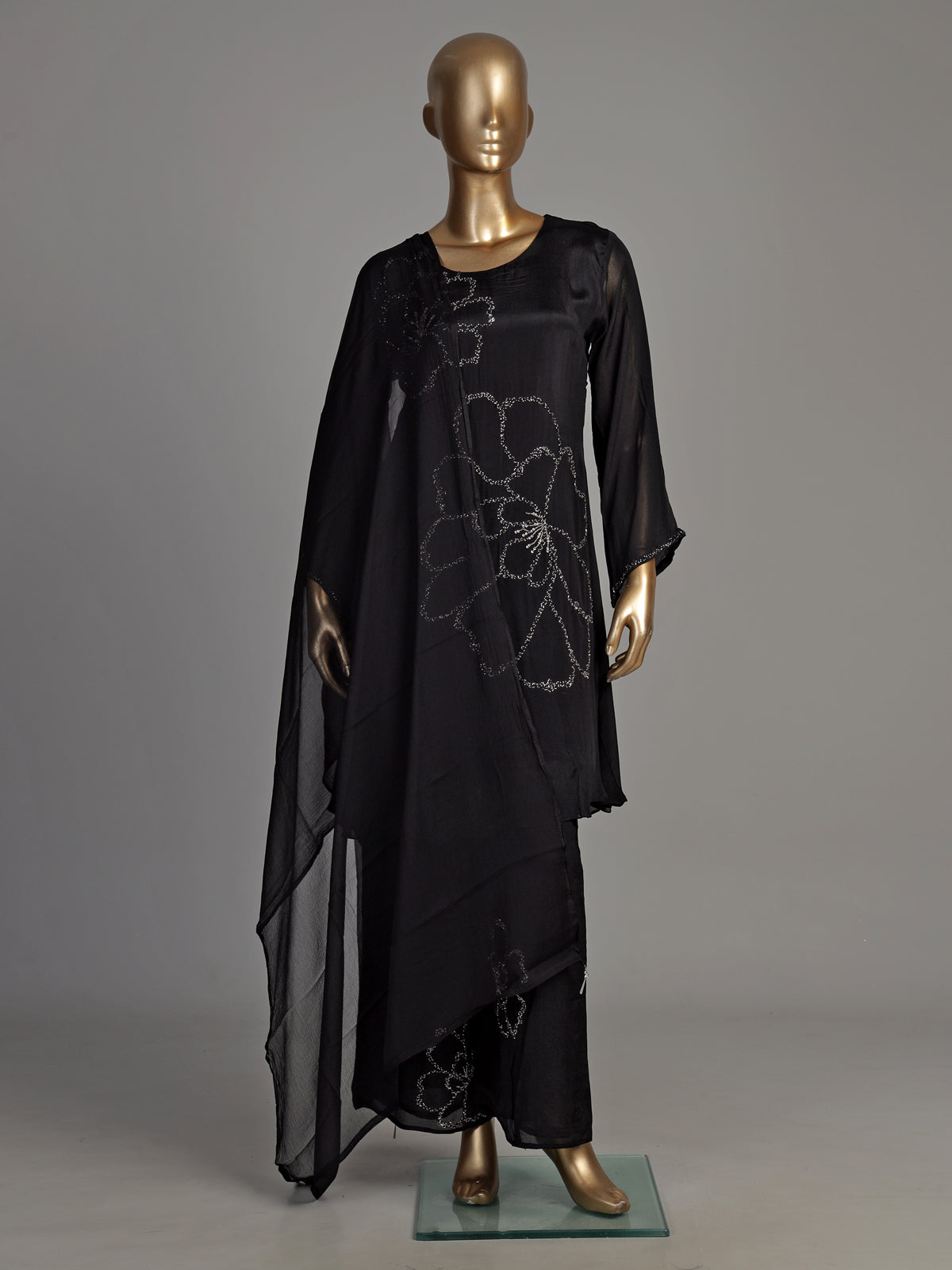 Black abstract blossom women kurti set