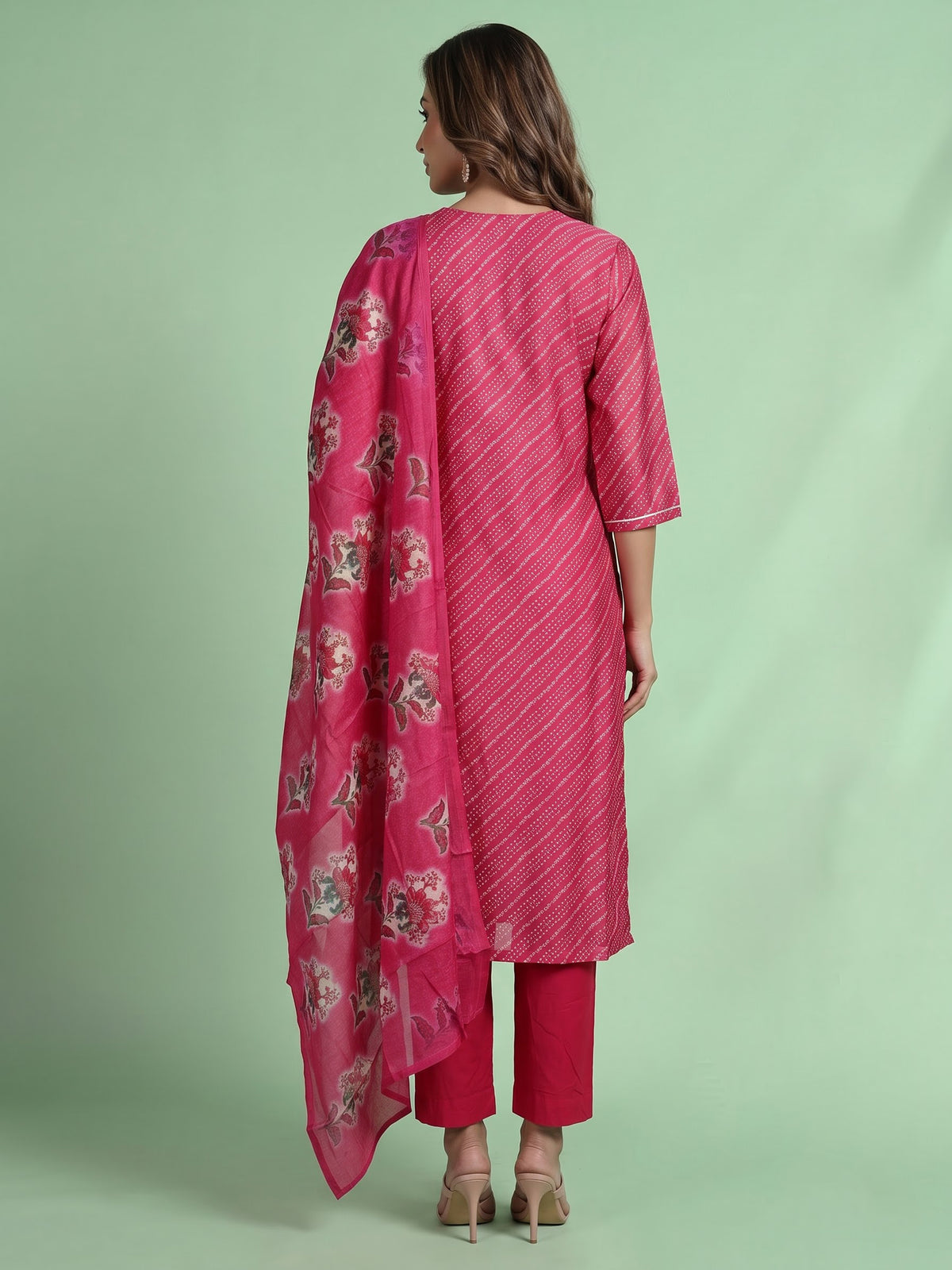 Pink Leheriya floral women kurti set