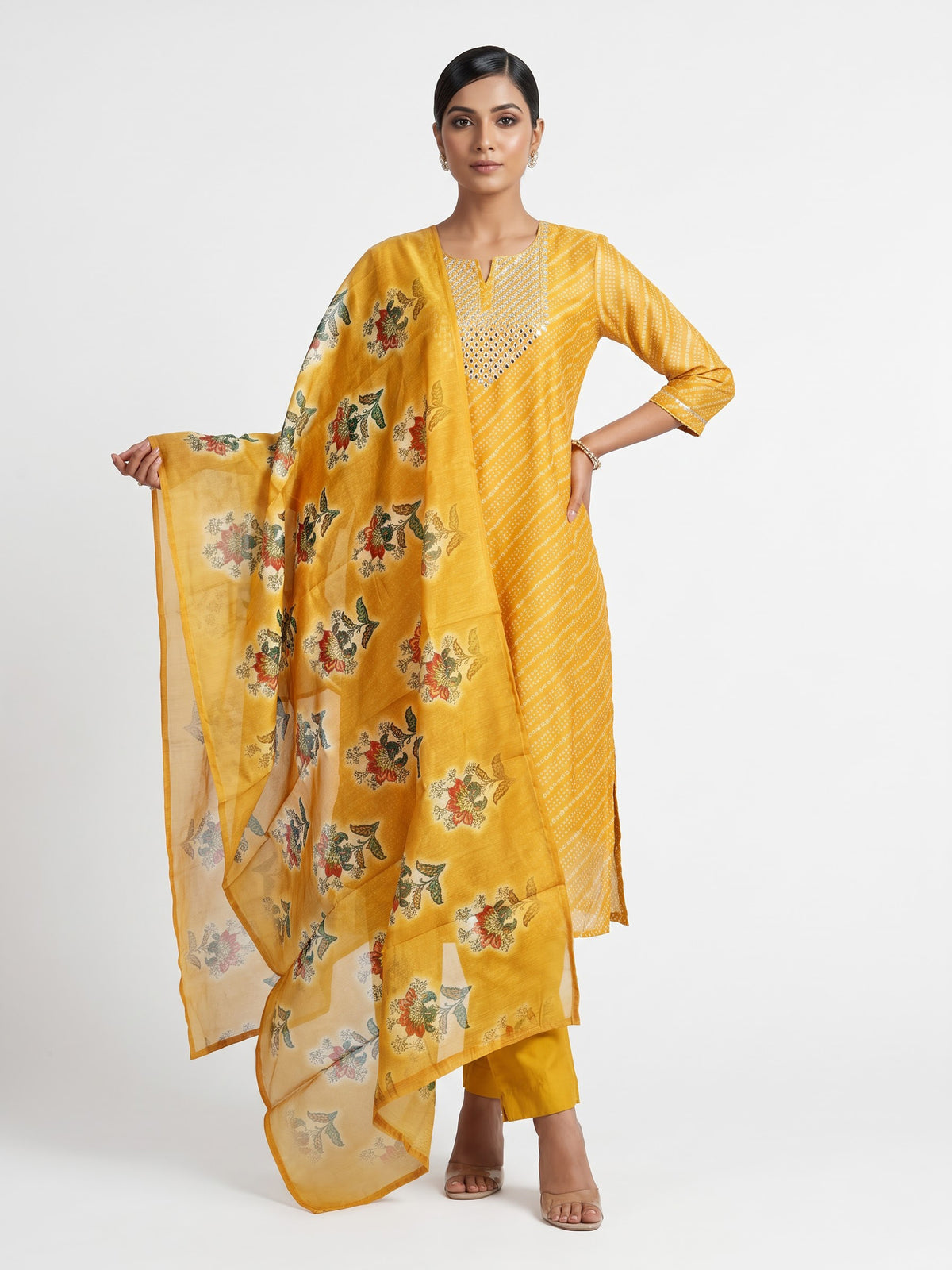 Yellow Bandhani wave women kurti set