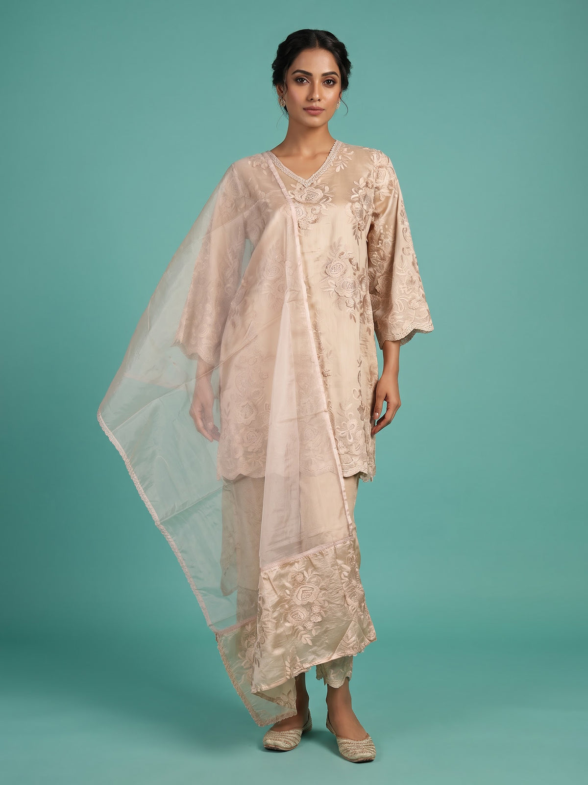 Beige garden bouquet women kurti set
