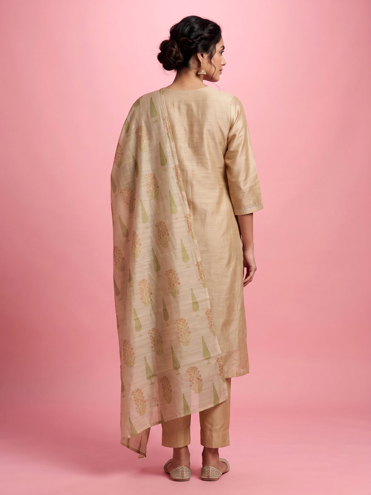 Beige floral lattice women kurti set