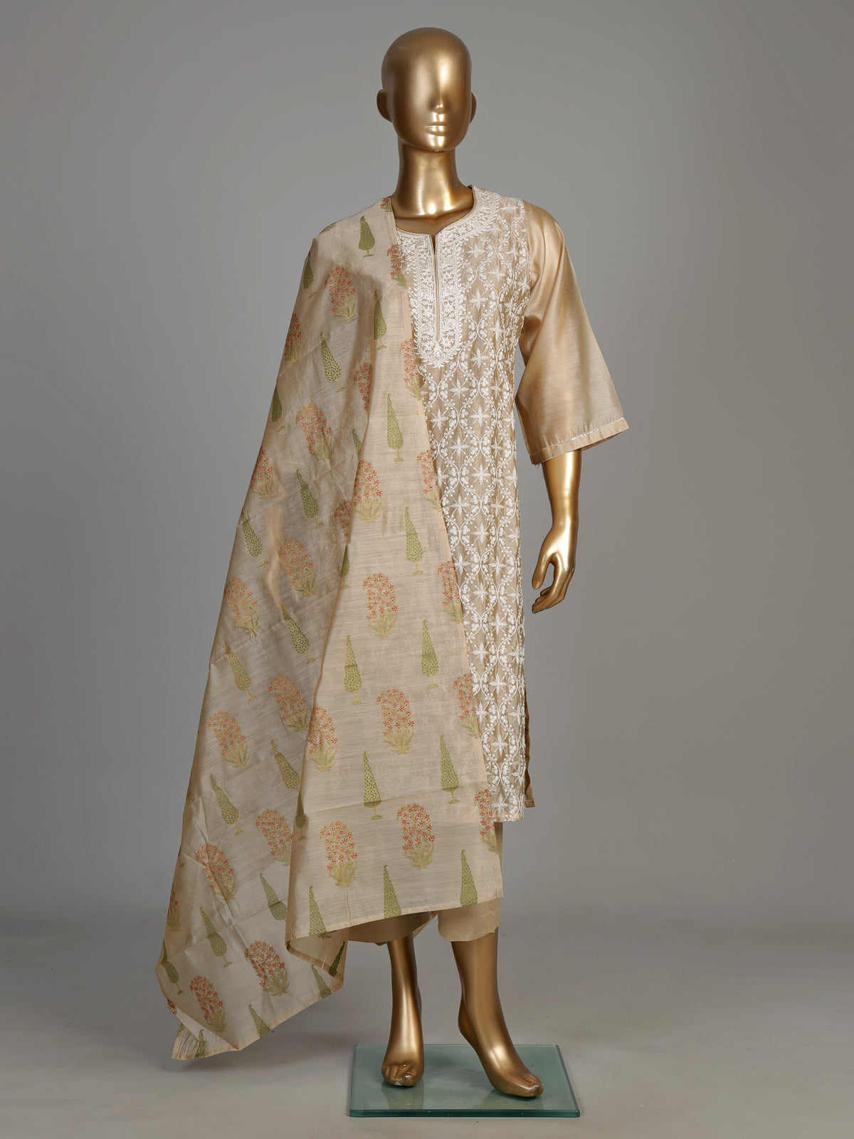 Beige floral lattice women kurti set