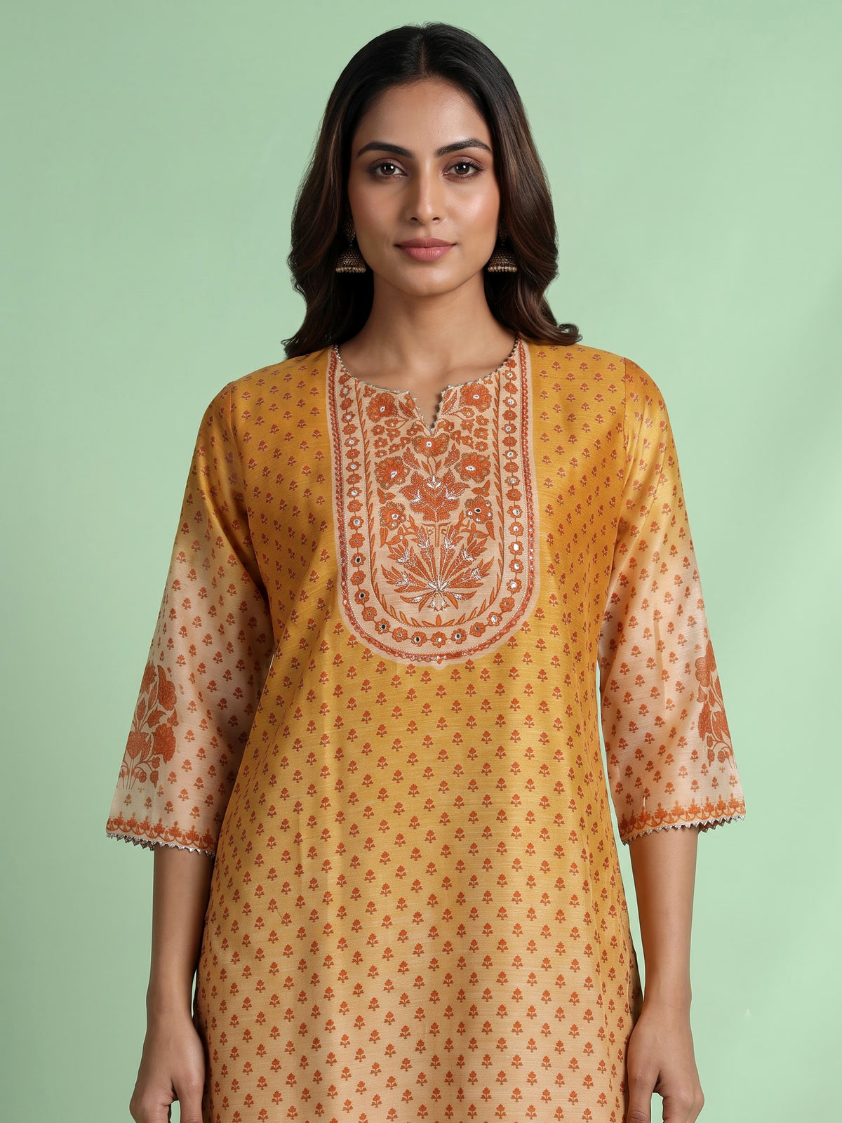 Mustard yellow palmette print women kurti set