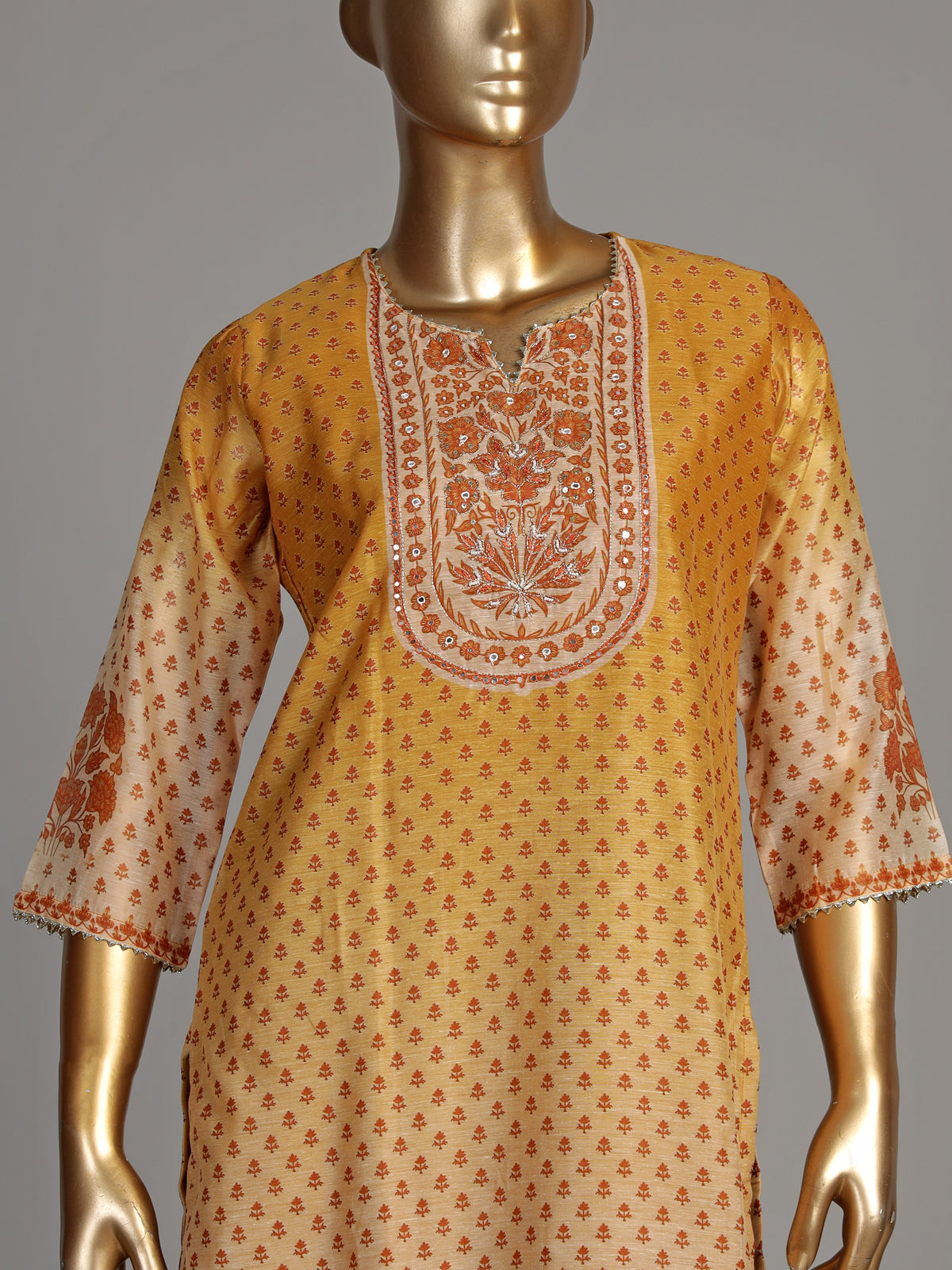 Mustard yellow palmette print women kurti set