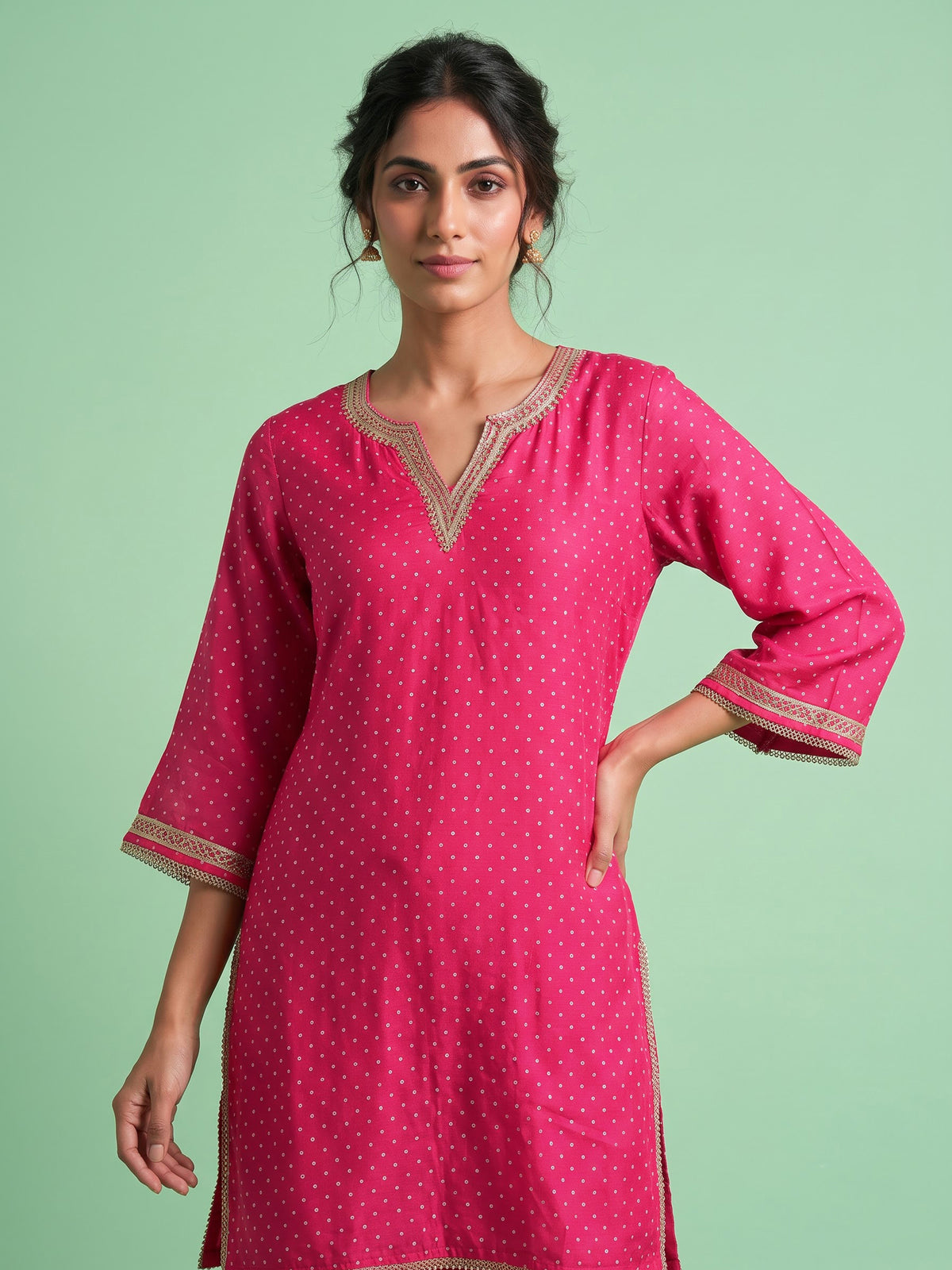 Rani pink Bandhani scallop women kurti set