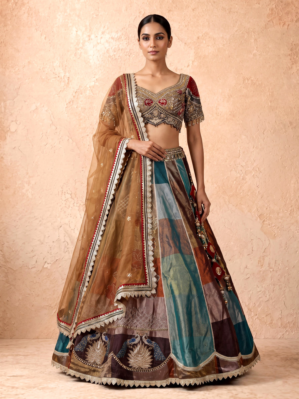 Multicolour silk lehenga choli with peacock motifs and gota embellishments
