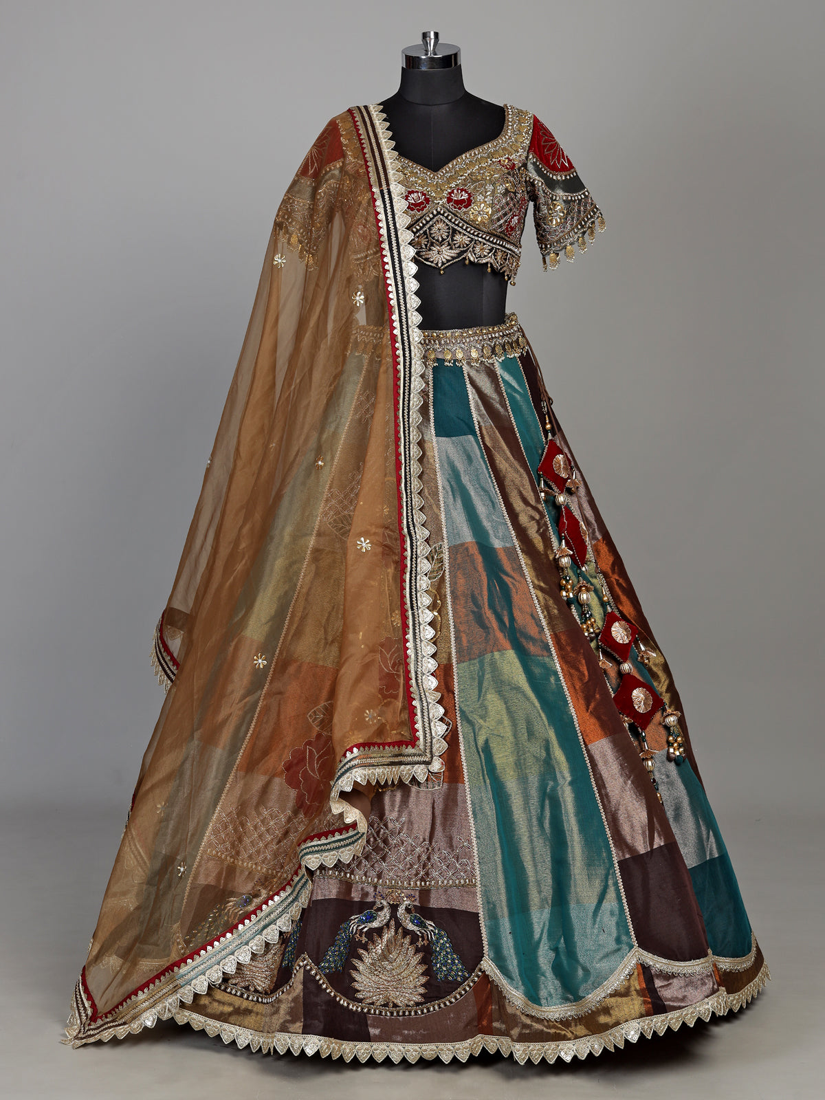 Multicolour silk lehenga choli with peacock motifs and gota embellishments