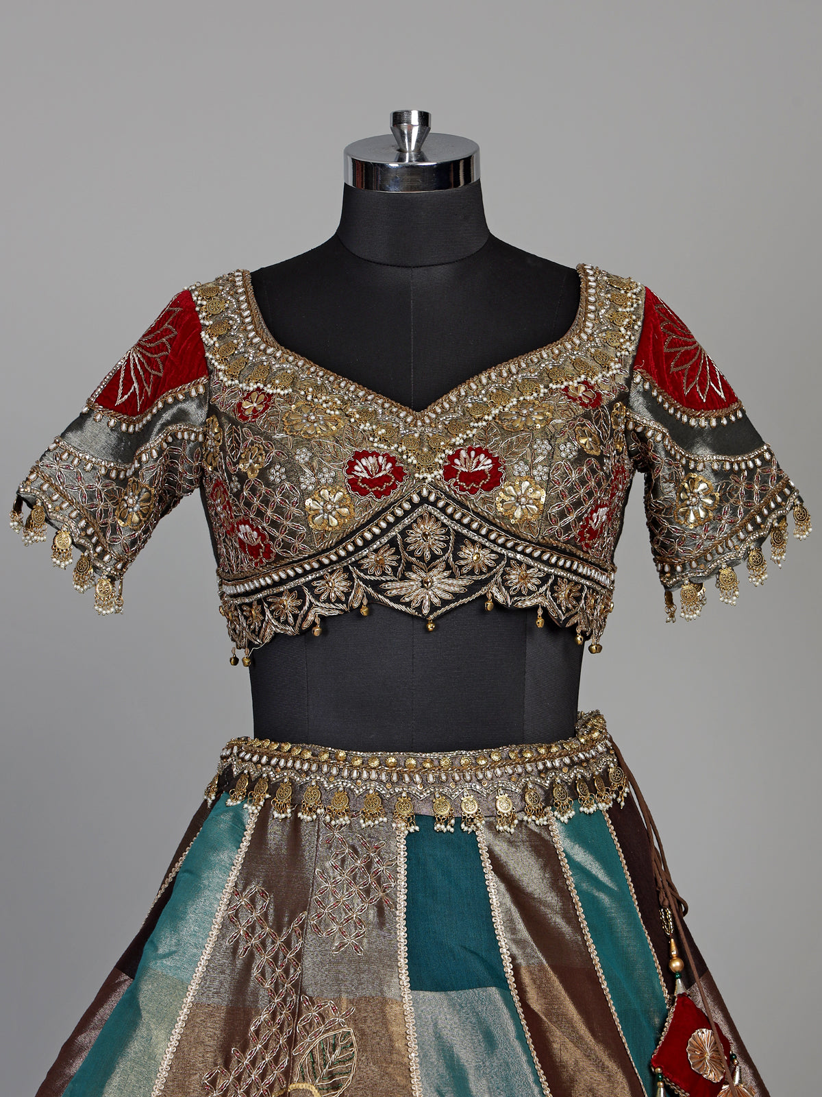 Multicolour silk lehenga choli with peacock motifs and gota embellishments