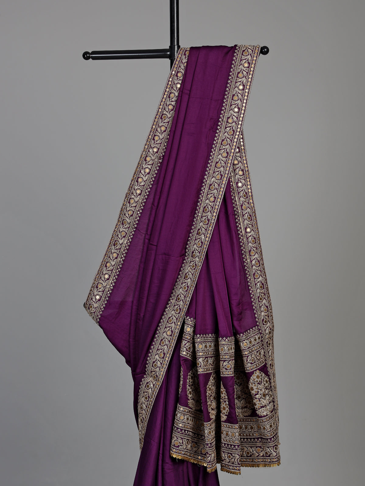 Purple silk saree with embellished border and sequin work
