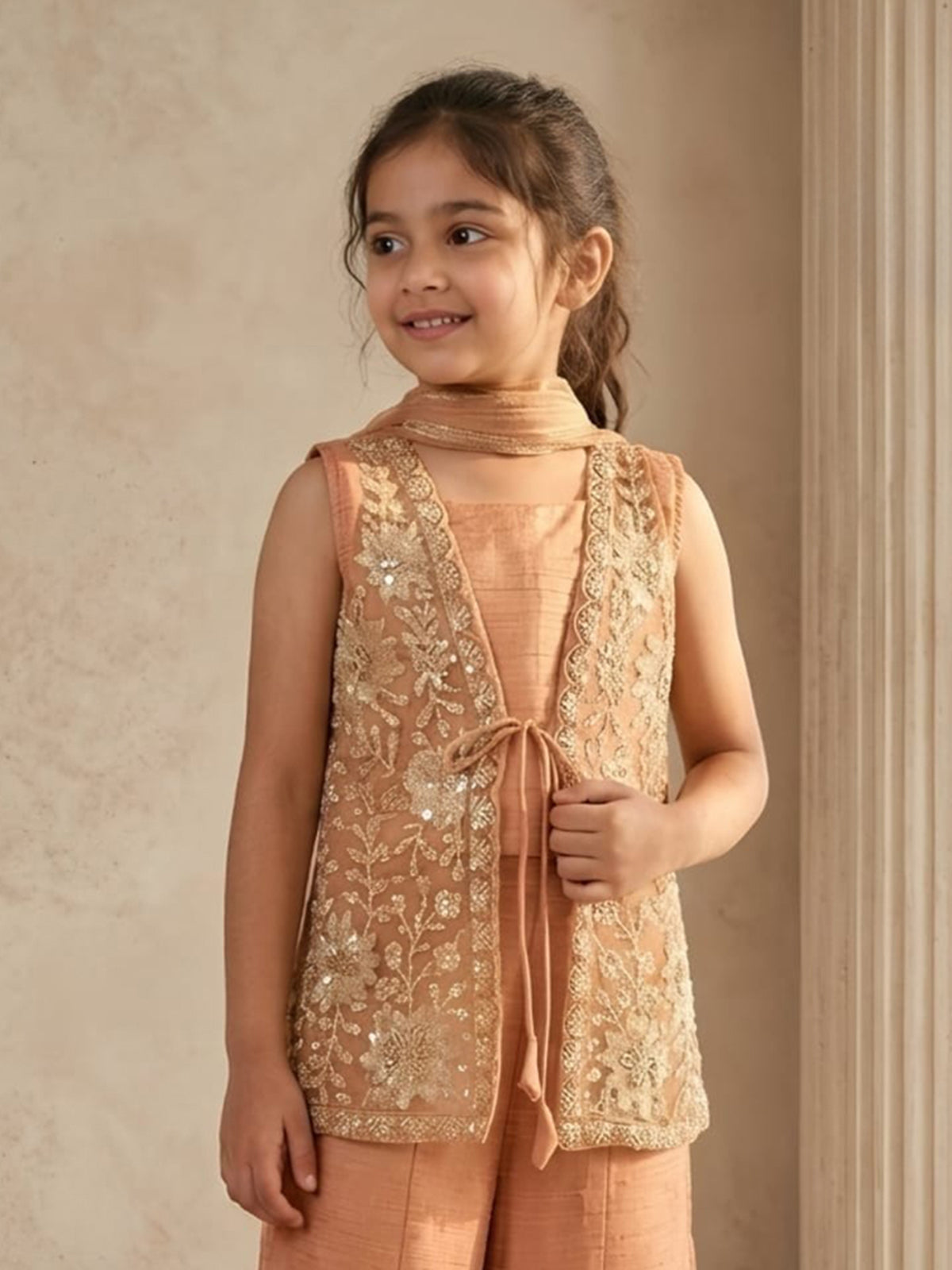 Rust peach floral girl sharara suit