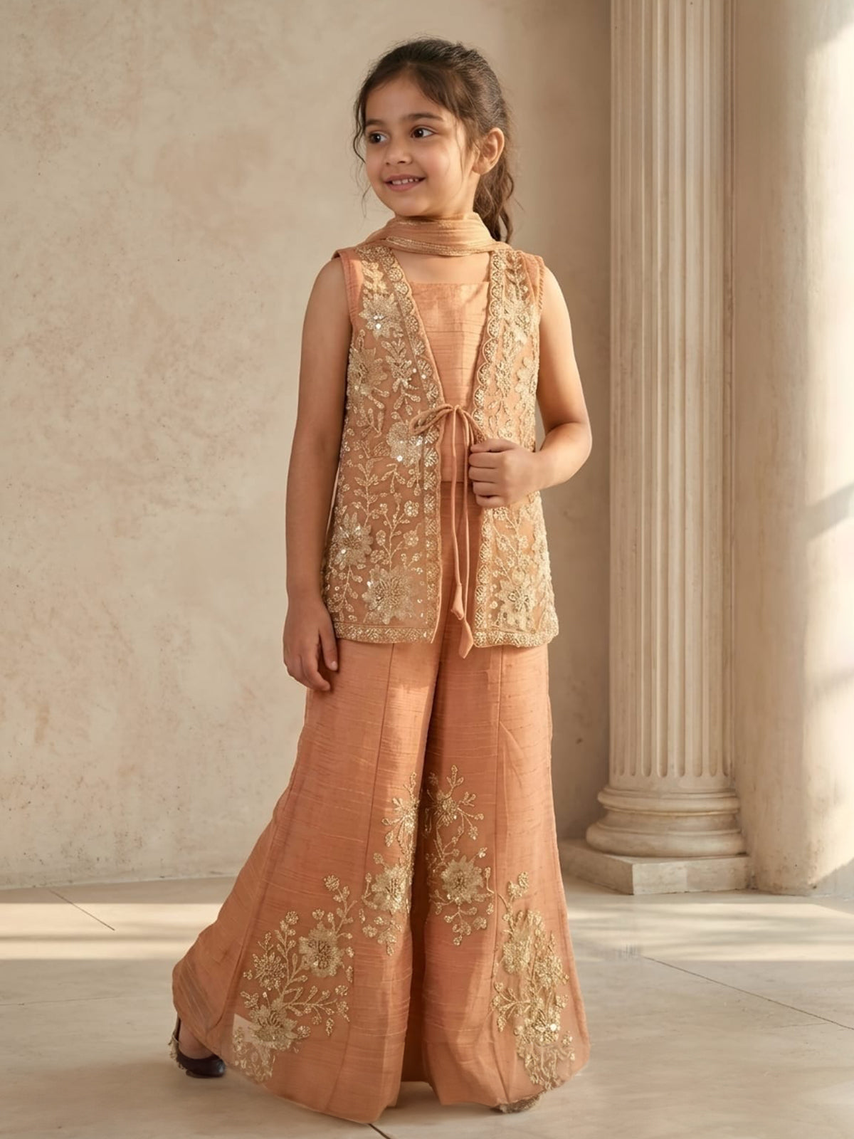 Rust peach floral girl sharara suit