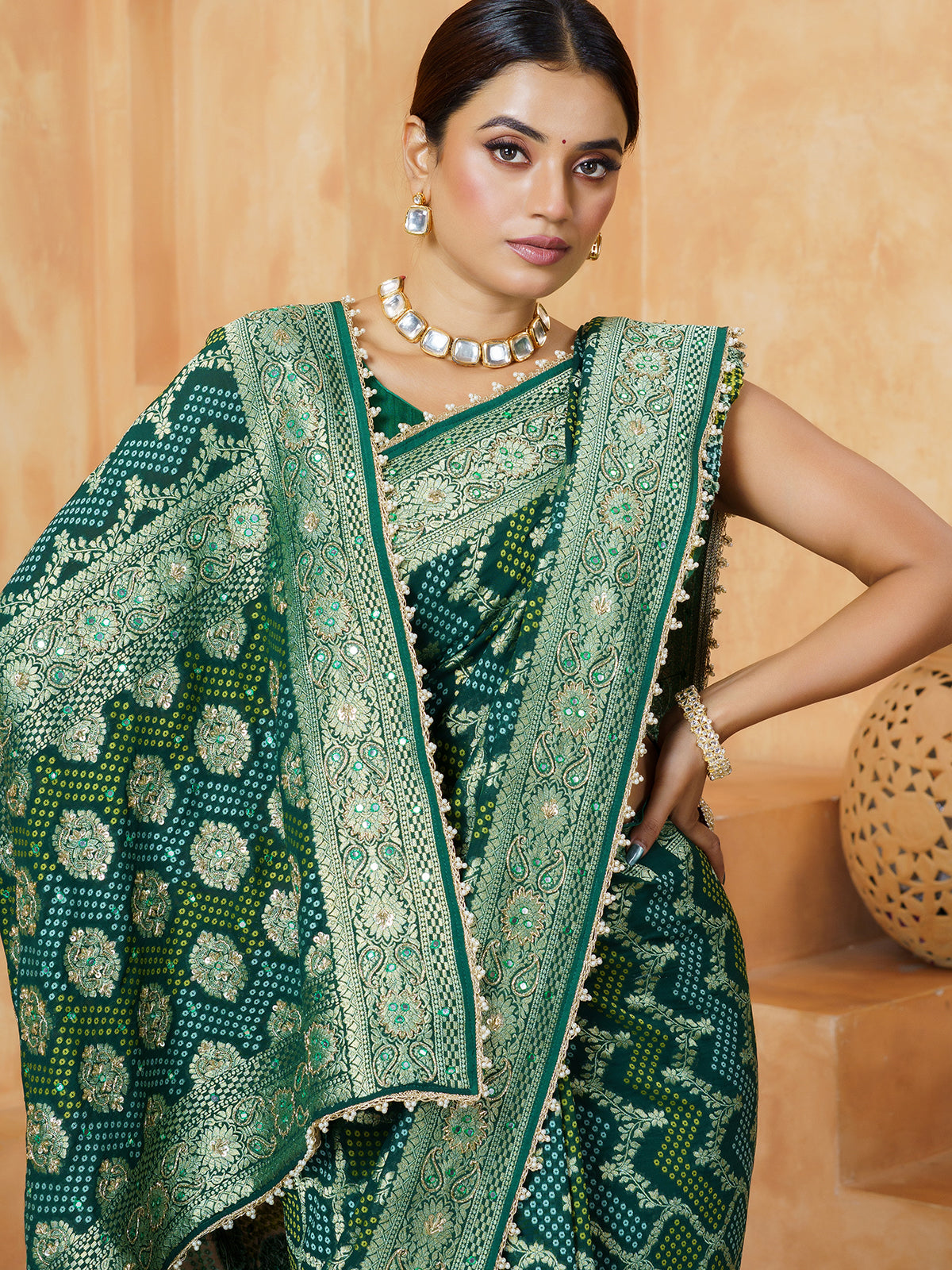 Green embellished bandhani georgette women saree
