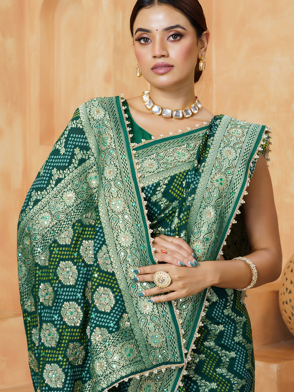 Green embellished bandhani georgette women saree