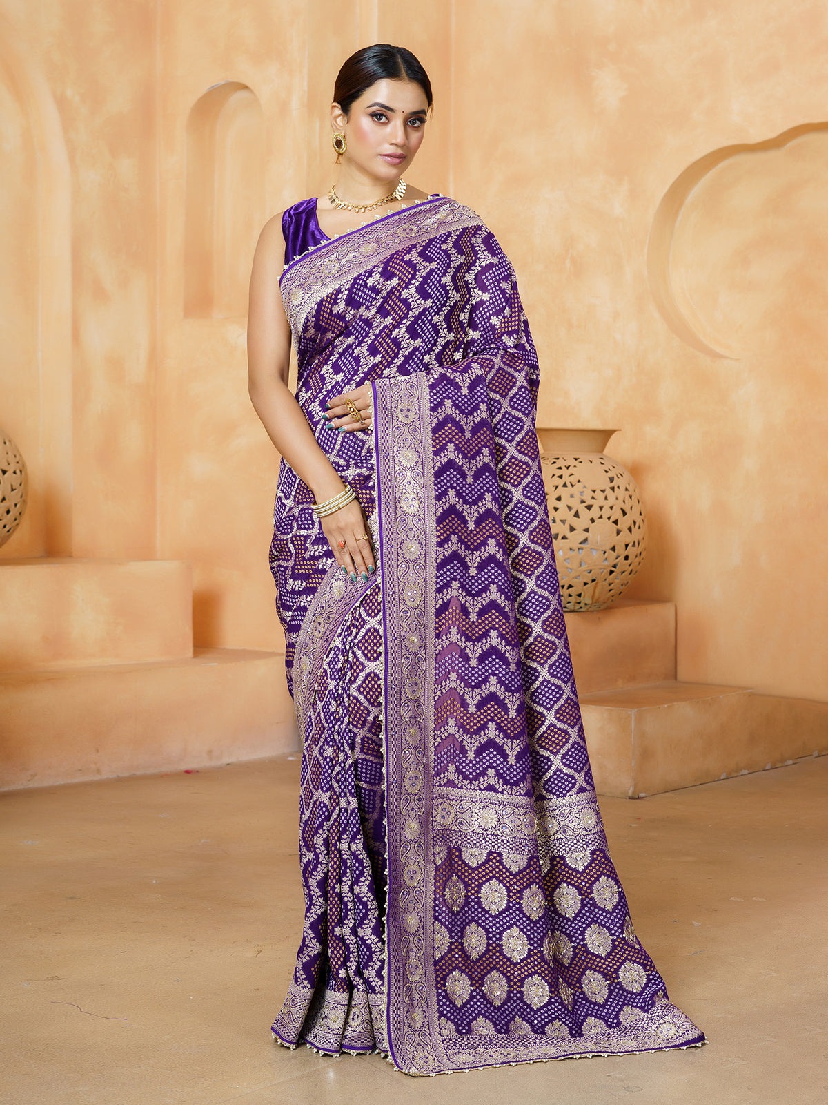 Purple designer bandhani georgette women saree