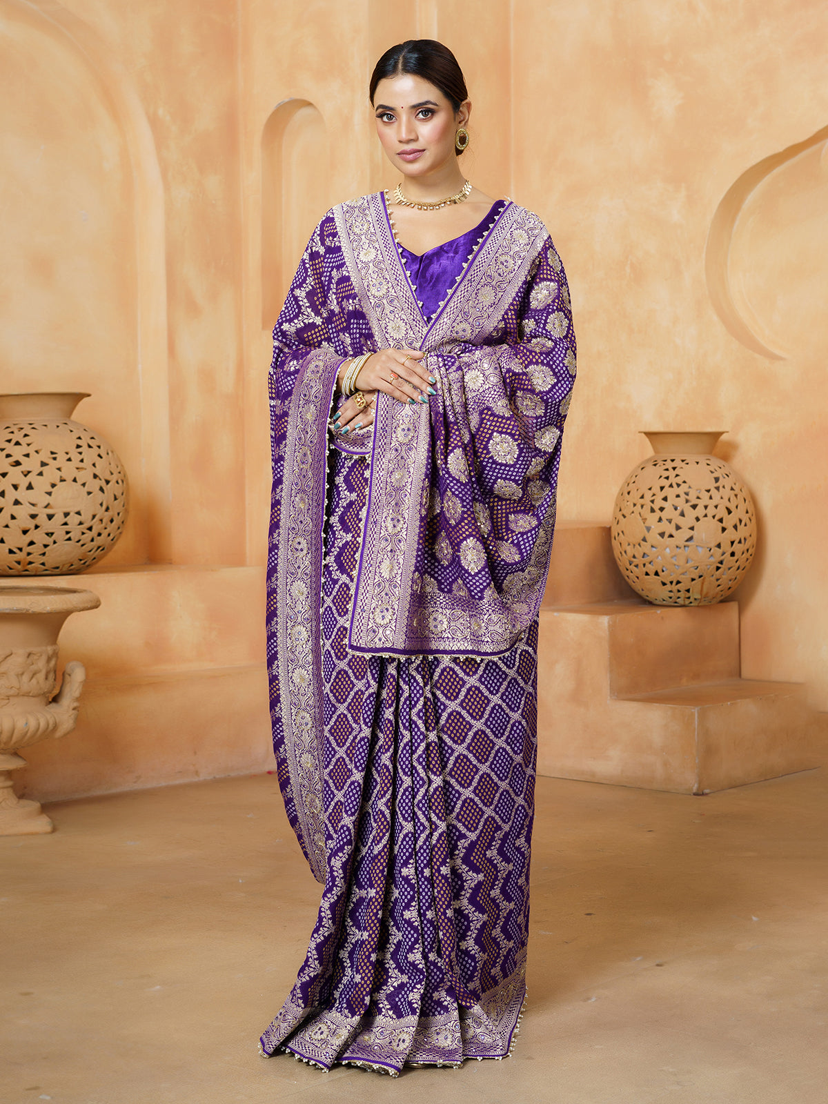 Purple designer bandhani georgette women saree
