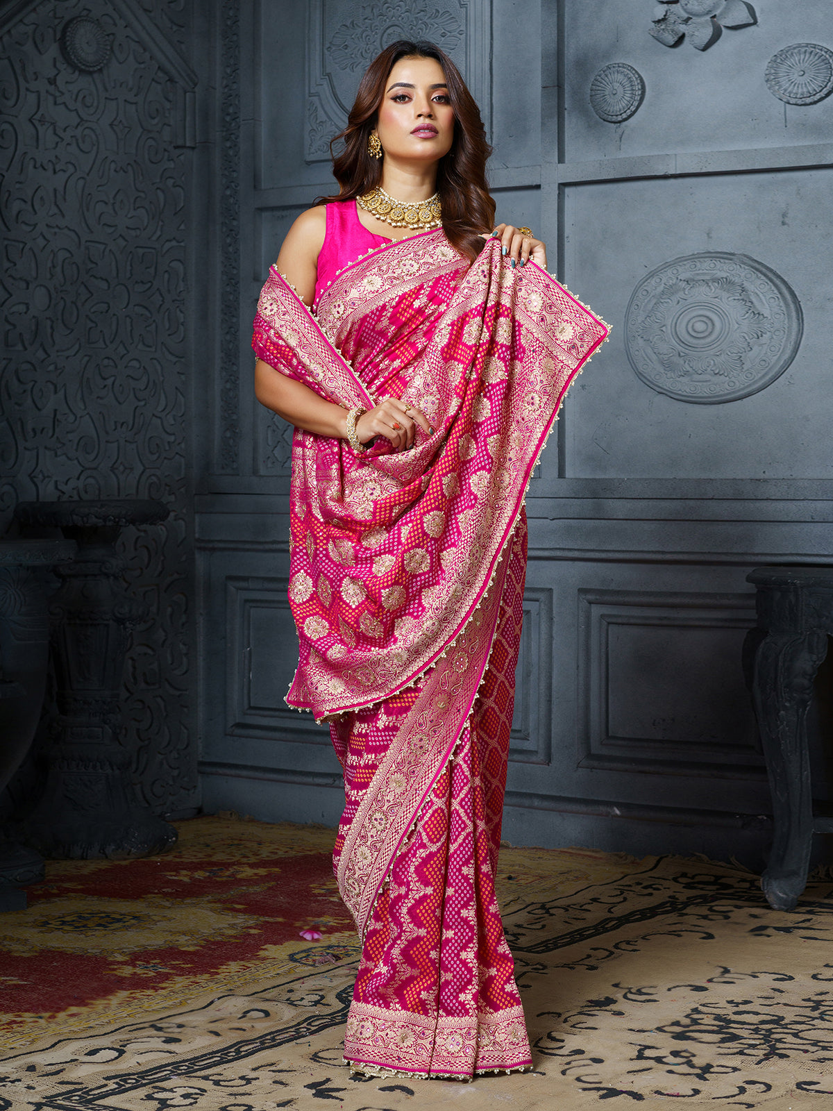 Rani pink ornate bandhani georgette women saree