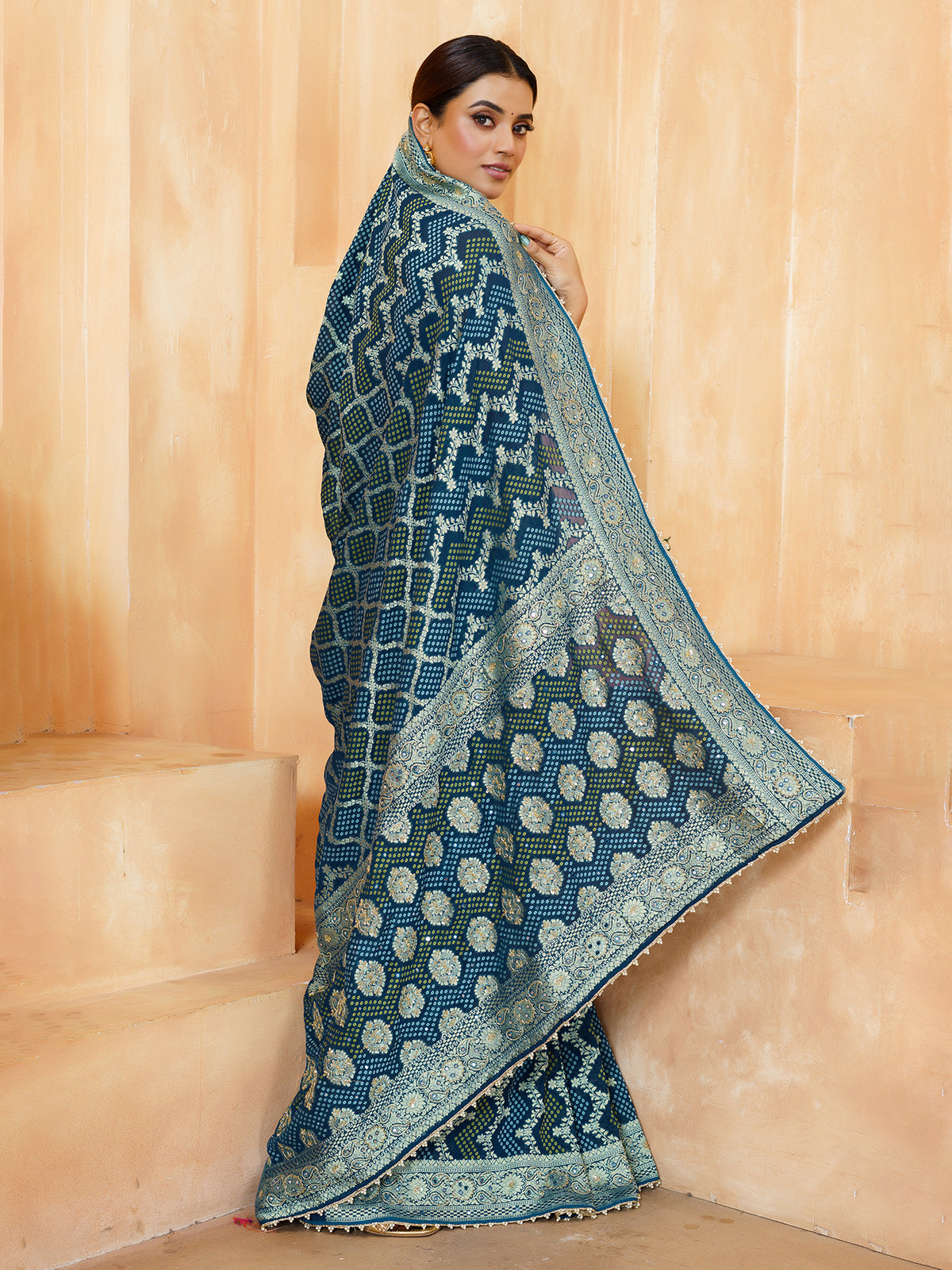 Teal blue festive bandhani georgette women saree