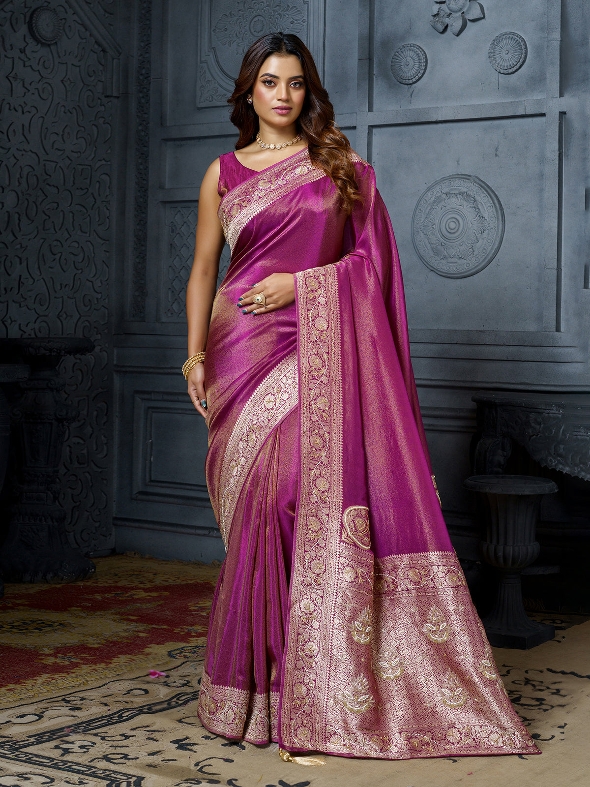 Premium magenta pink paisley tissue saree for women