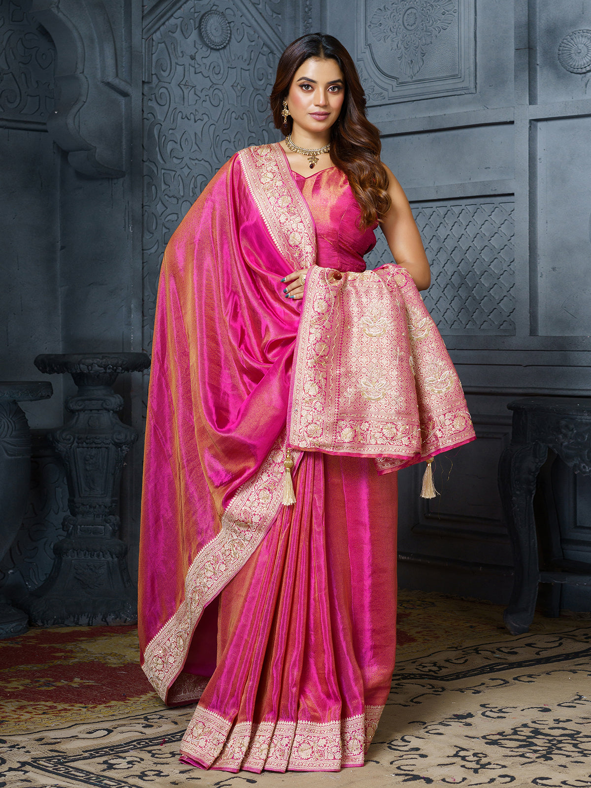 Elegant pink rosette brocade tissue saree for women