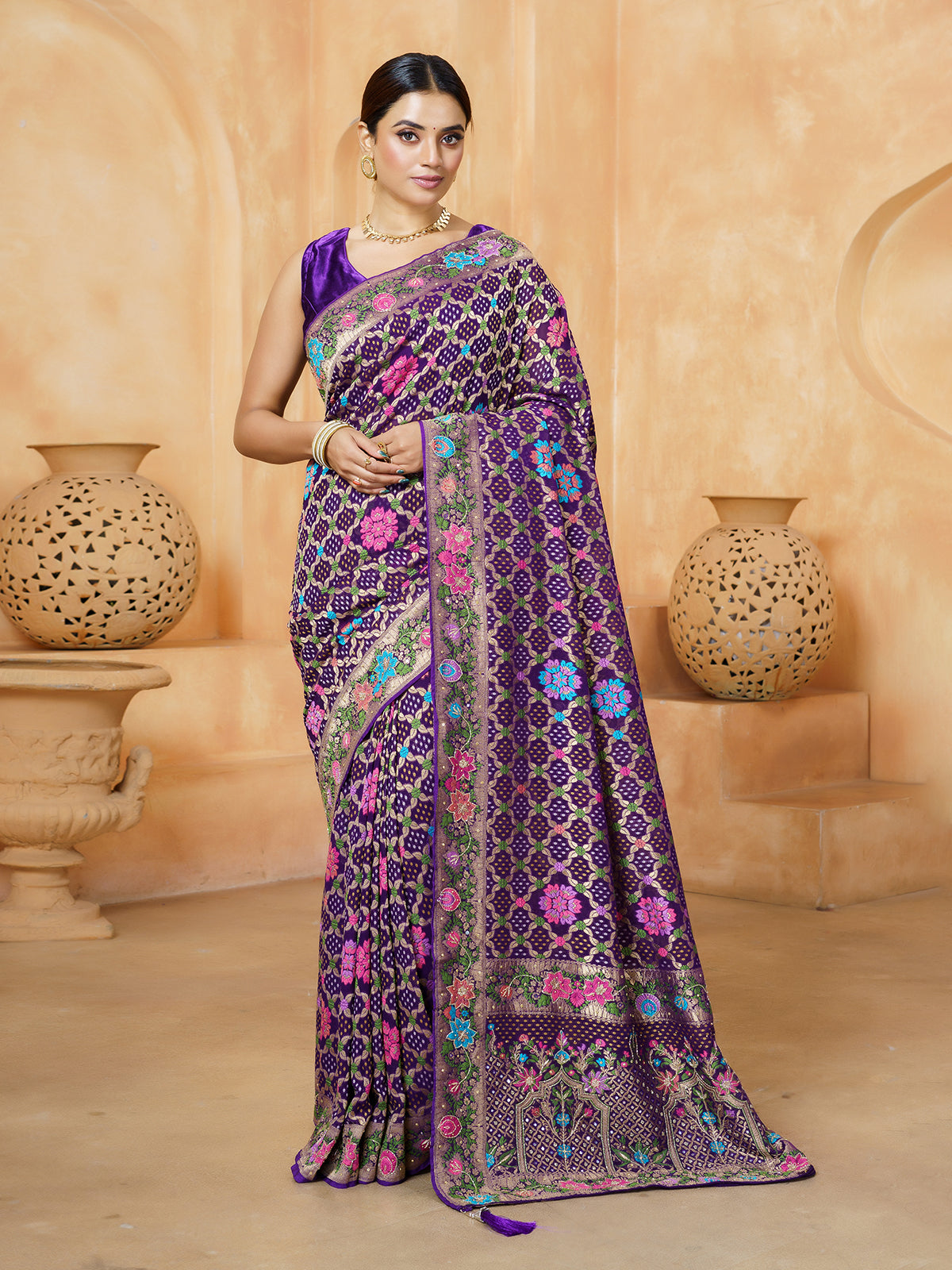 Purple mughal arch work premium bandhani saree for women