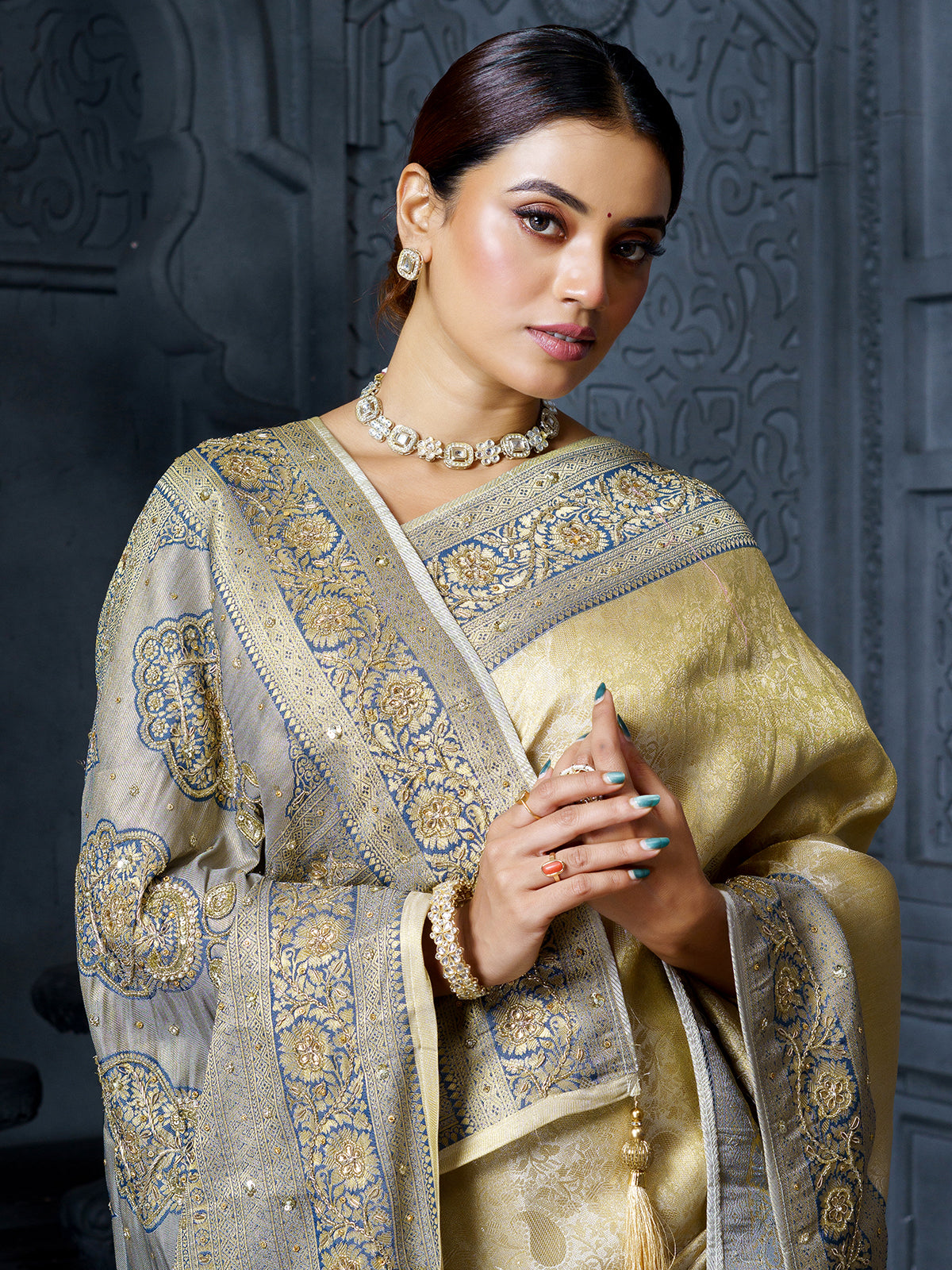 Ivory grey mughal paisley premium tissue saree for women