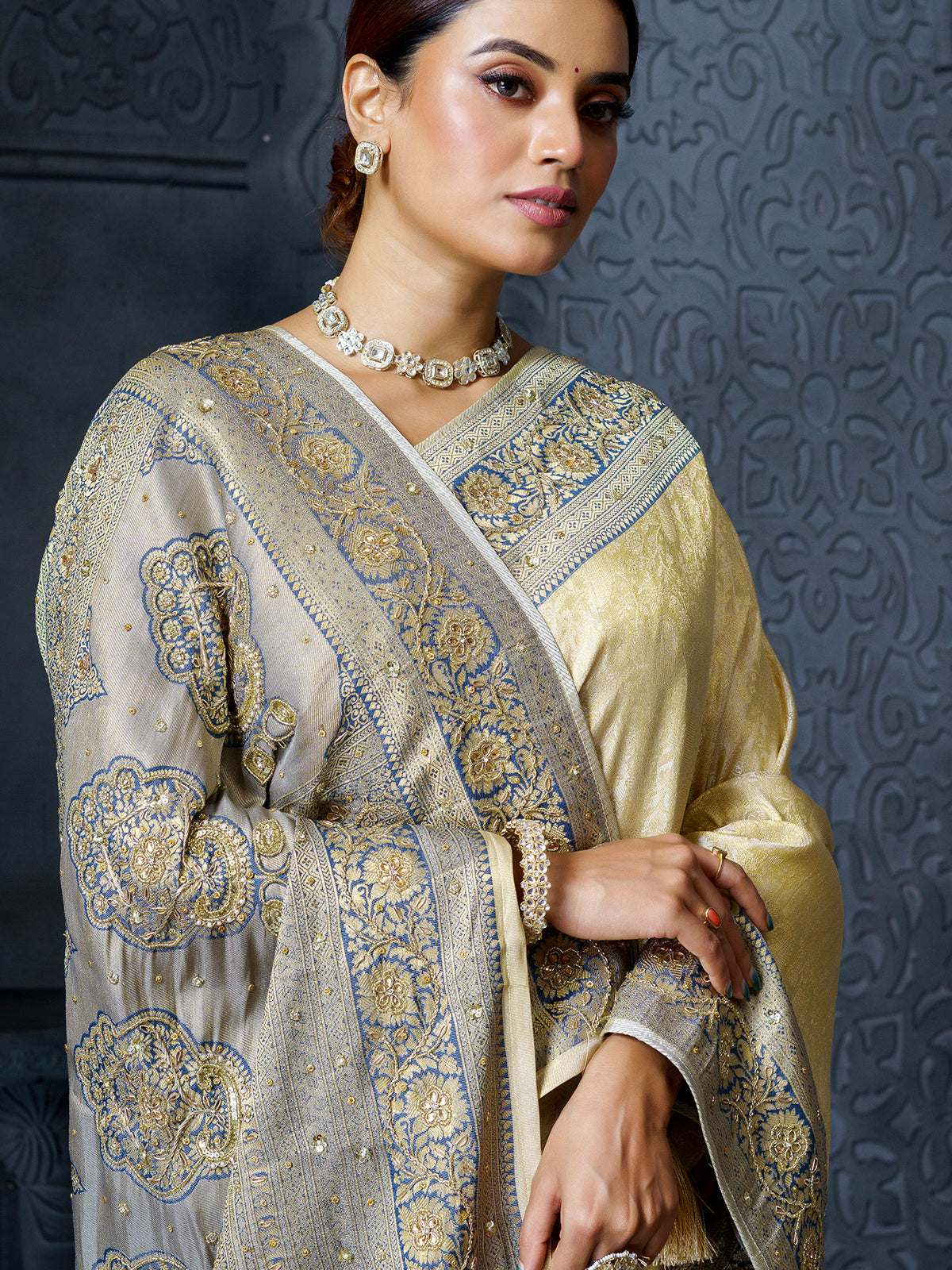 Ivory grey mughal paisley premium tissue saree for women