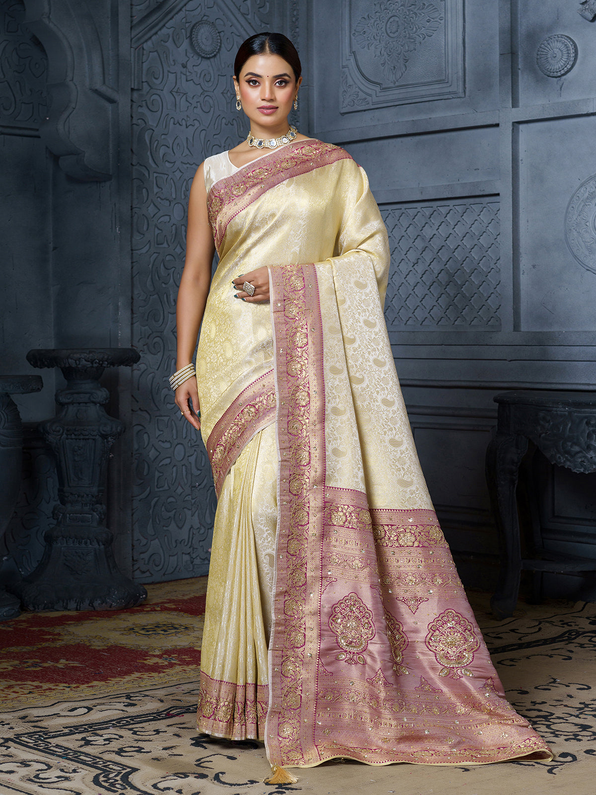 Ivory purple floral luxury tissue saree for women