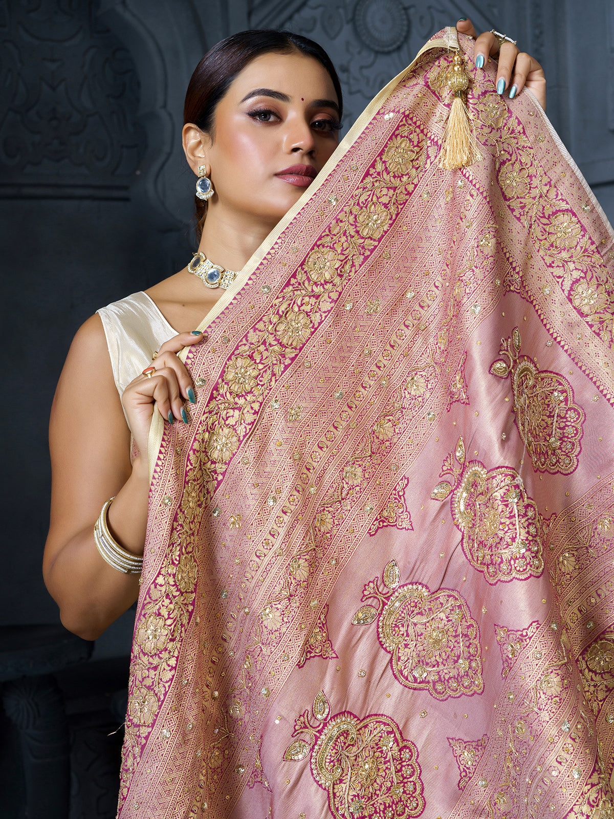 Ivory purple floral luxury tissue saree for women
