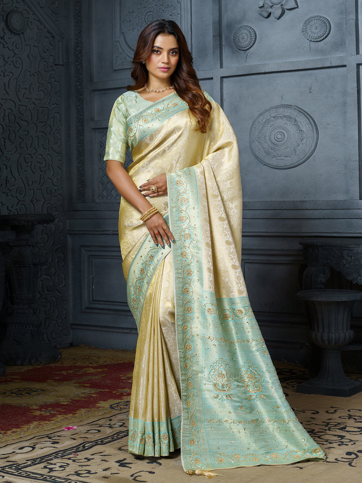 Ivory mint blue woven floral premium saree for women